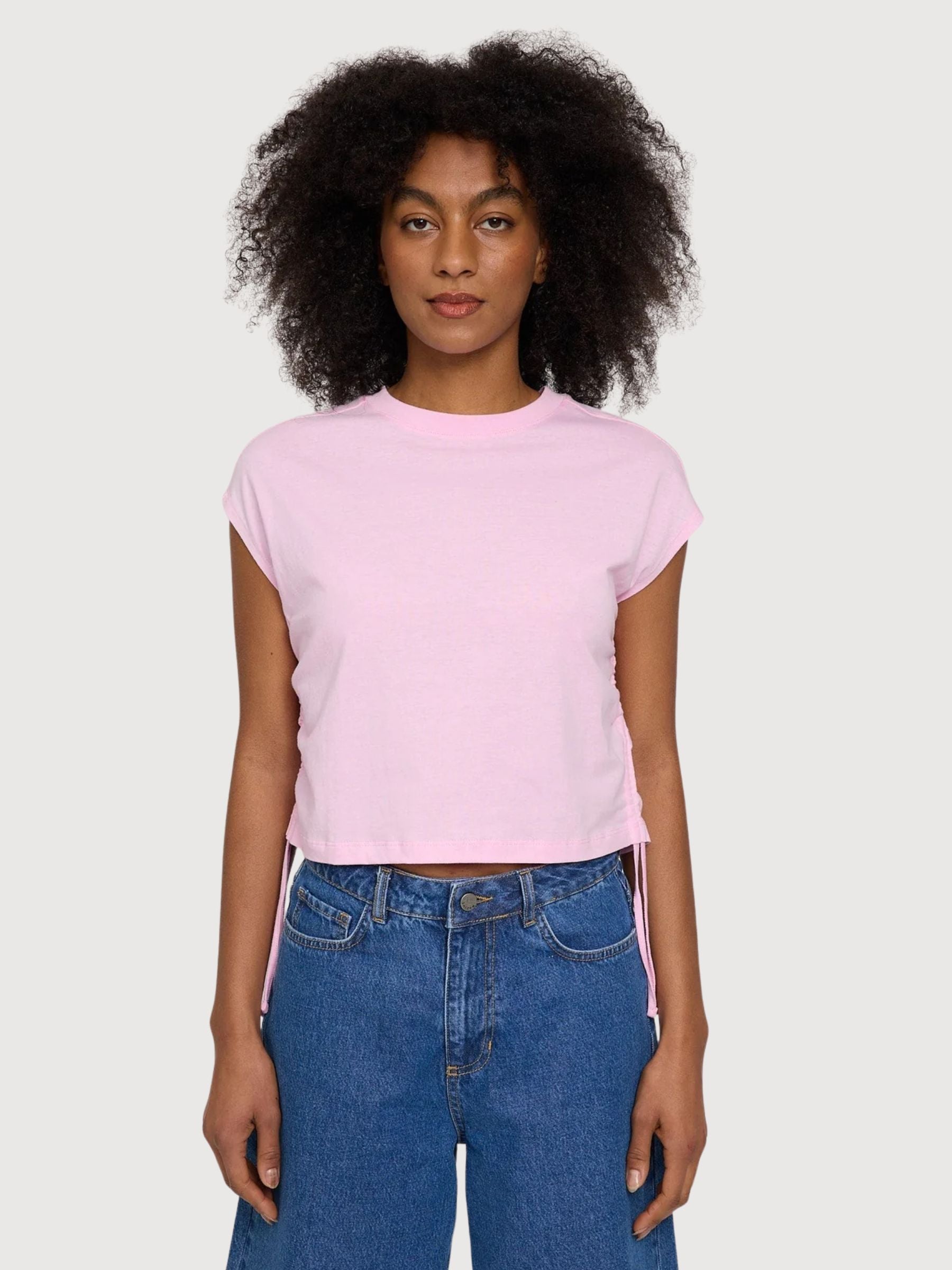 Damen-T-Shirt mit Bindedetail aus Baumwolle in Pfingstrosenrosa | Mazine