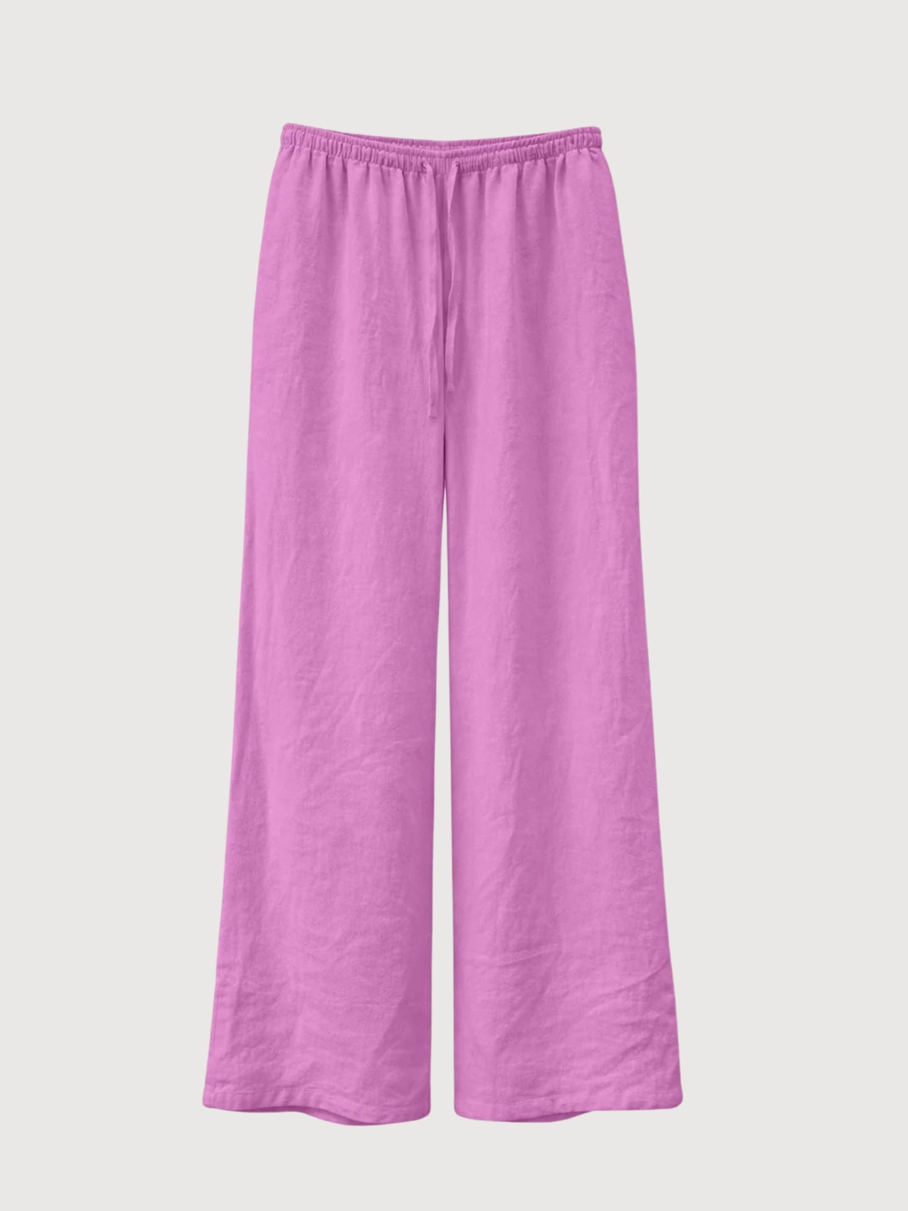 Pantaloni da donna in lino con coulisse, viola e rosa | Mazine