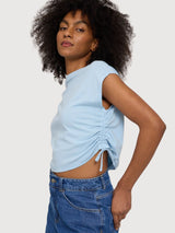 Damen-T-Shirt mit Bindedetail aus Baumwolle, Nebelblau | Mazine