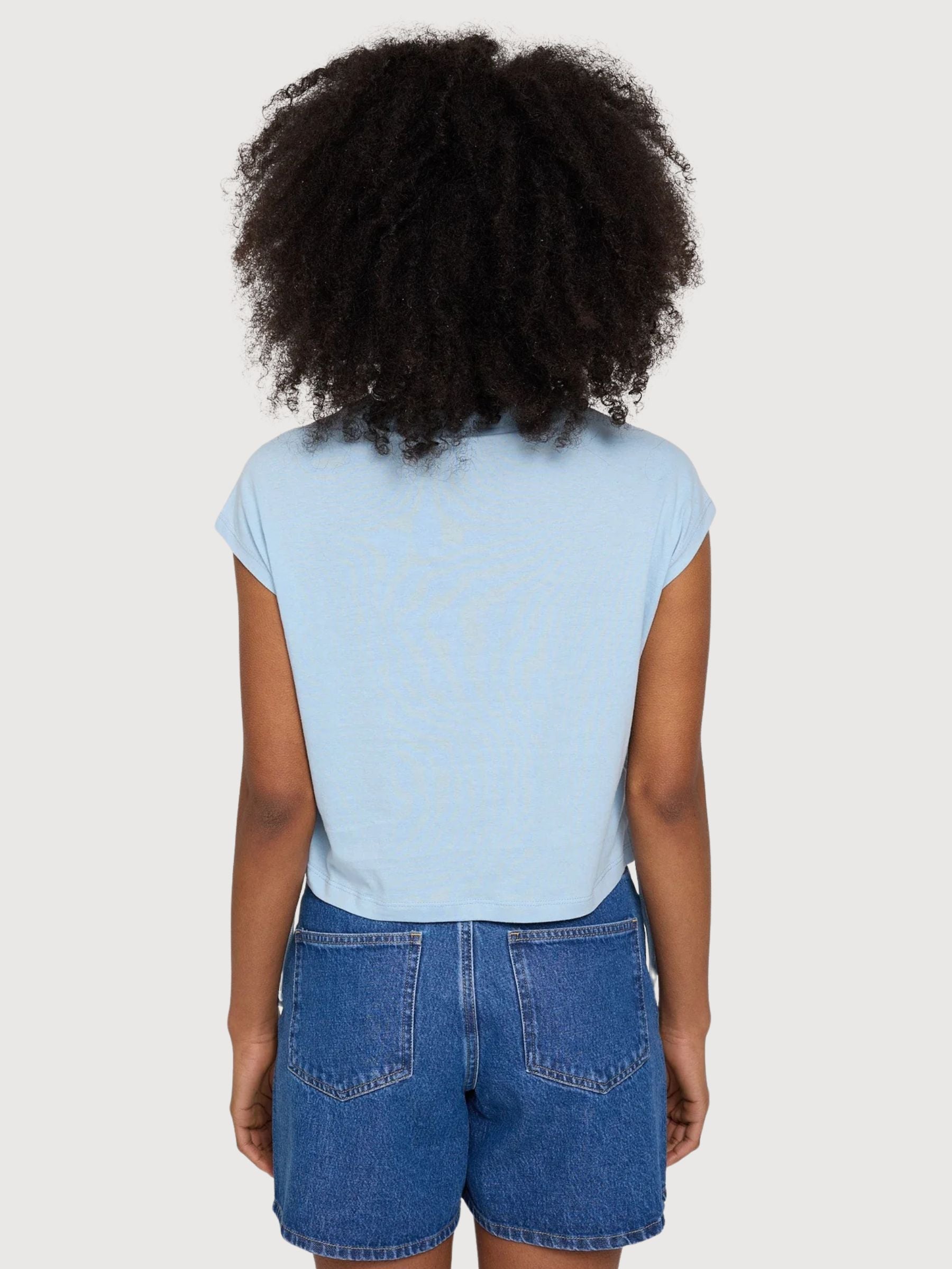 Damen-T-Shirt mit Bindedetail aus Baumwolle, Nebelblau | Mazine