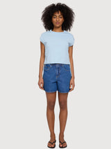 Damen-T-Shirt mit Bindedetail aus Baumwolle, Nebelblau | Mazine