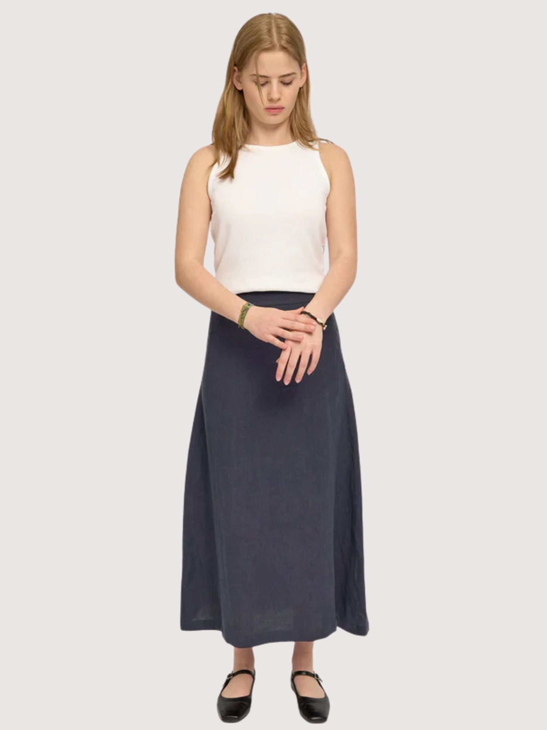 Rock Midi Leinen Tintenblau | Mazine