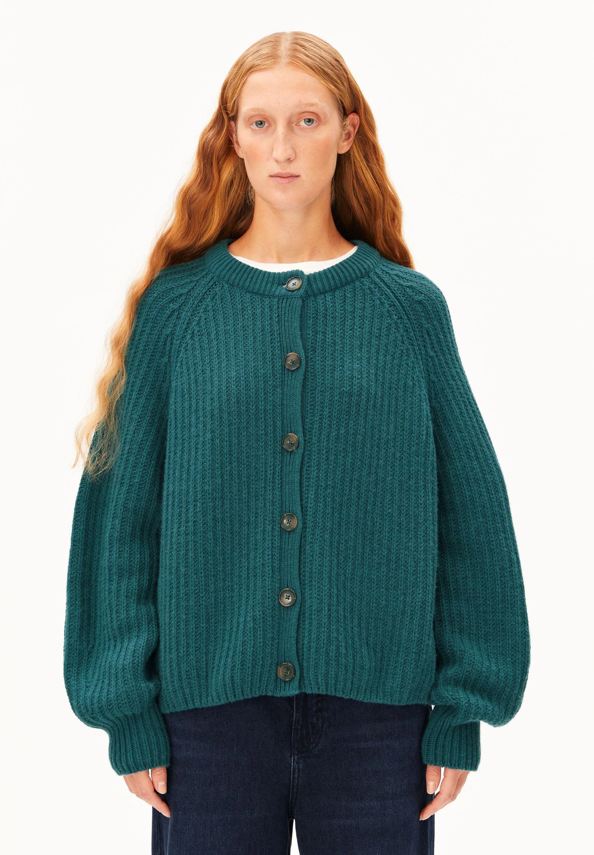 Selmaa Rib Knit Cardigan Ptrol Velvet | ARMEDANGELS