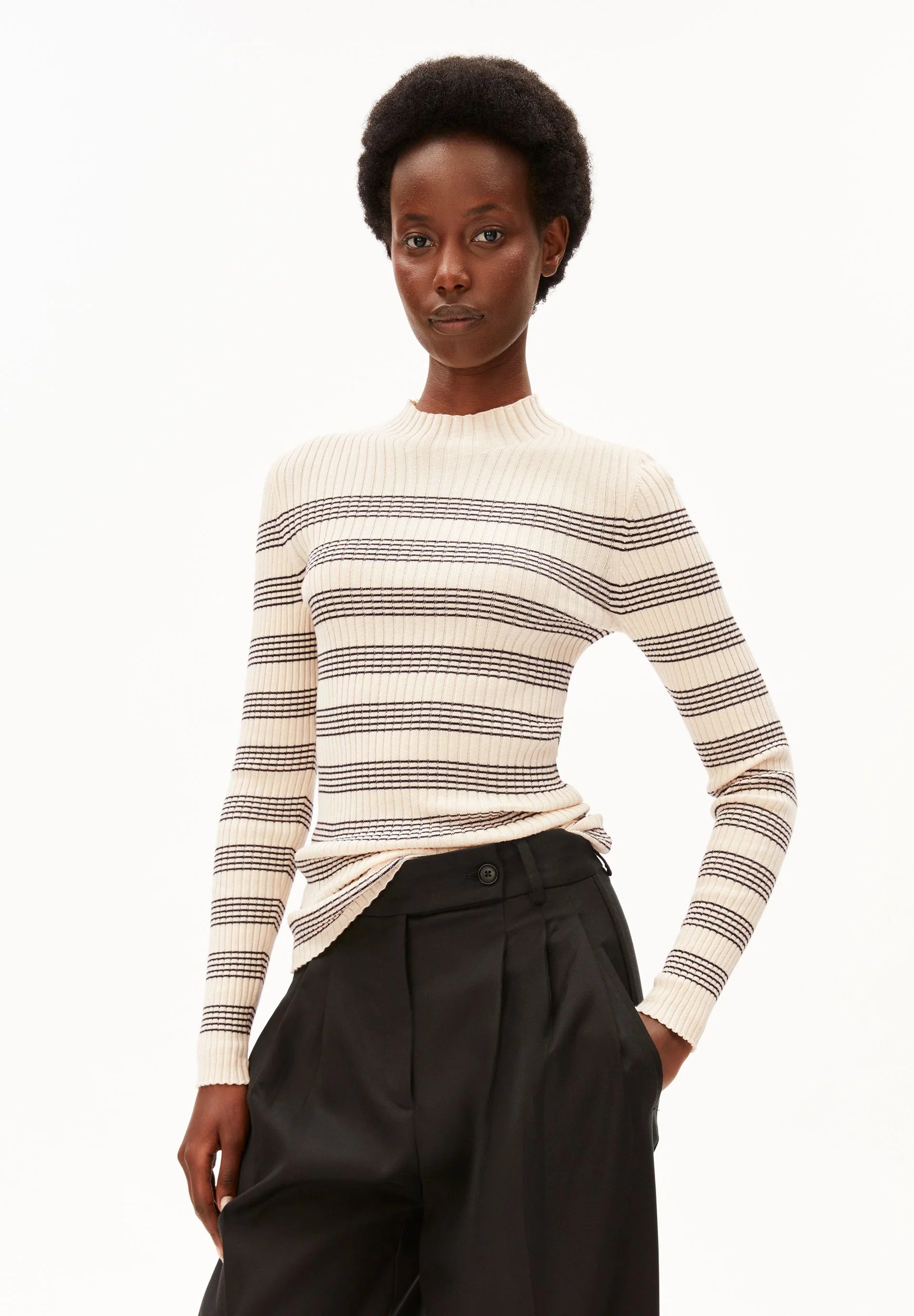 Alaania Striped Knit Sweater Oatmilk Black | ARMEDANGELS