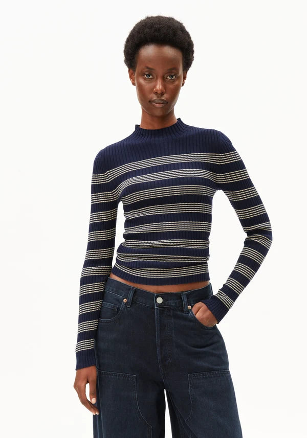 Alaania Striped Knit Sweater Tinted Navy Golden Hay | ARMEDANGELS