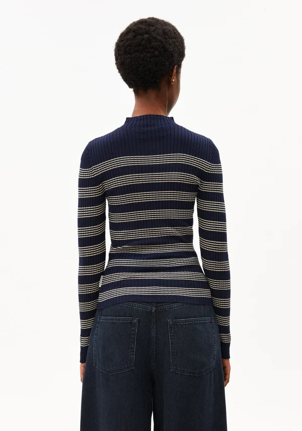 Alaania Striped Knit Sweater Tinted Navy Golden Hay | ARMEDANGELS