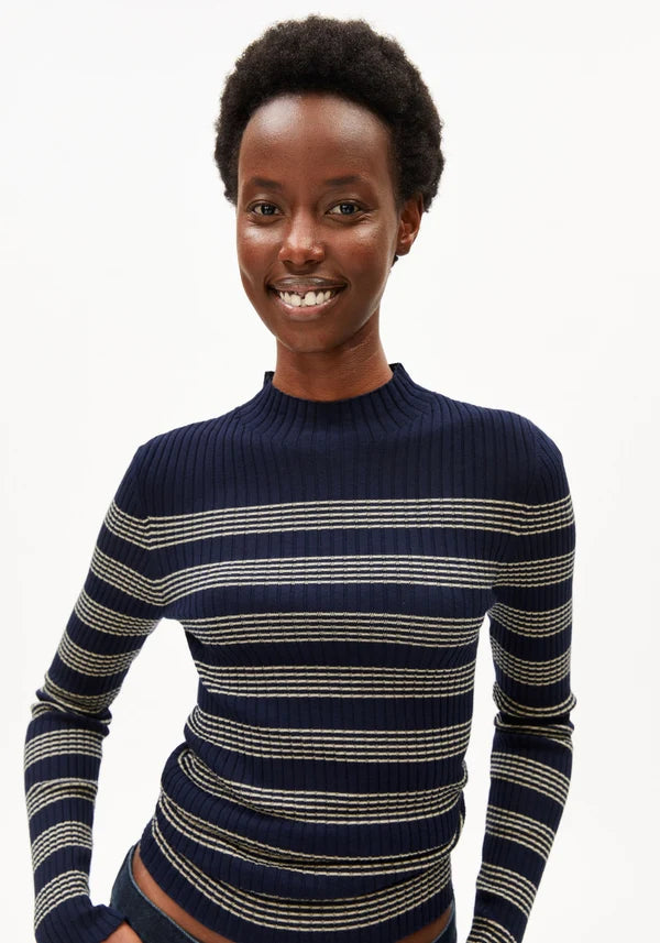 Alaania Striped Knit Sweater Tinted Navy Golden Hay | ARMEDANGELS