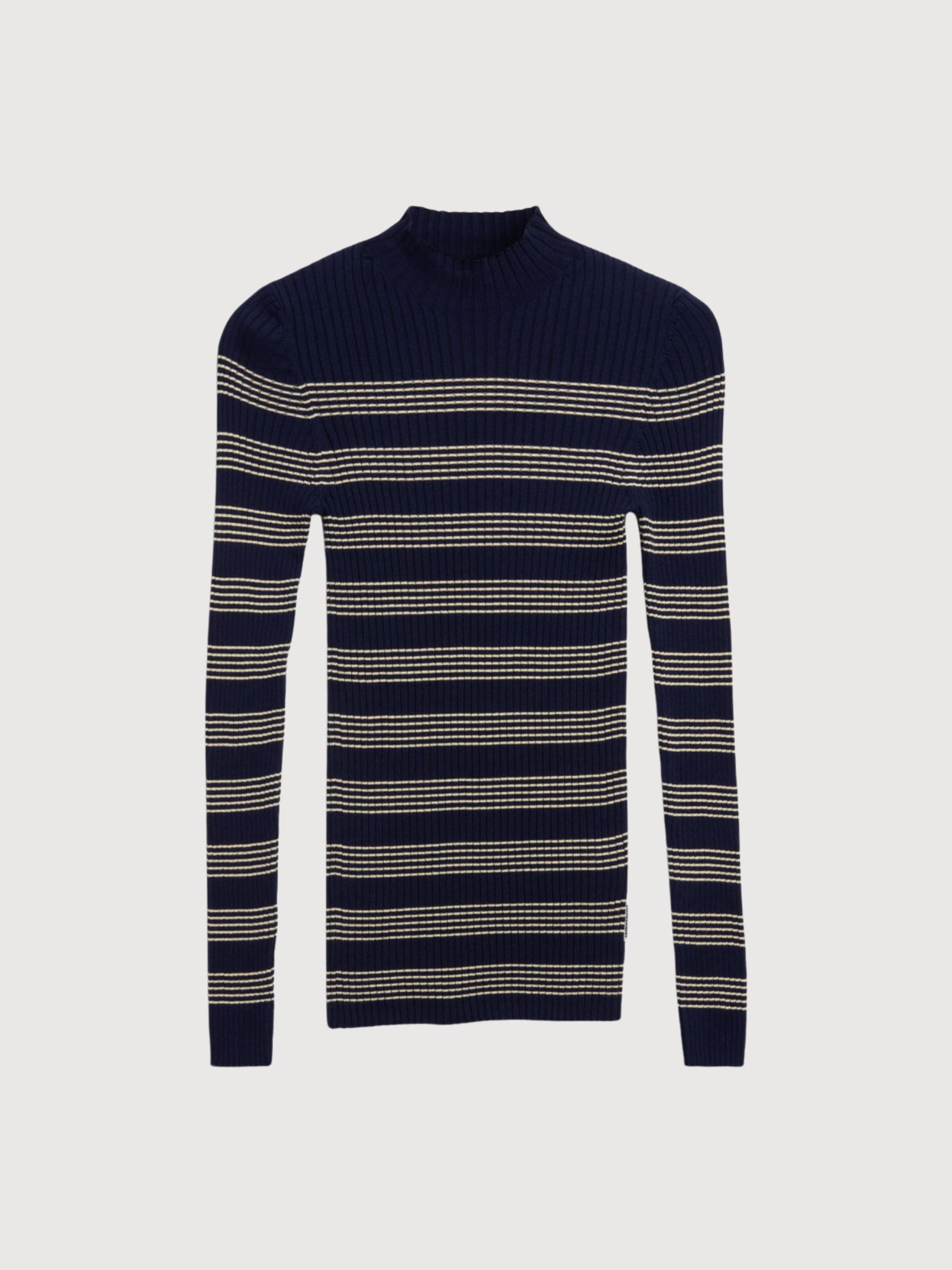 Alaania Striped Knit Sweater Tinted Navy Golden Hay | ARMEDANGELS