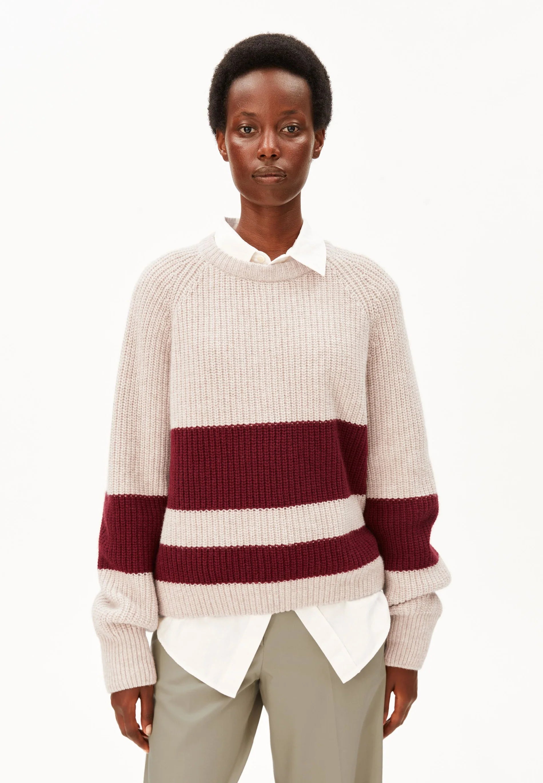 STRIPED RIB-KNIT PULLOVER Organic Wool Blend Honey Melange Velvet Red | ARMEDANGELS
