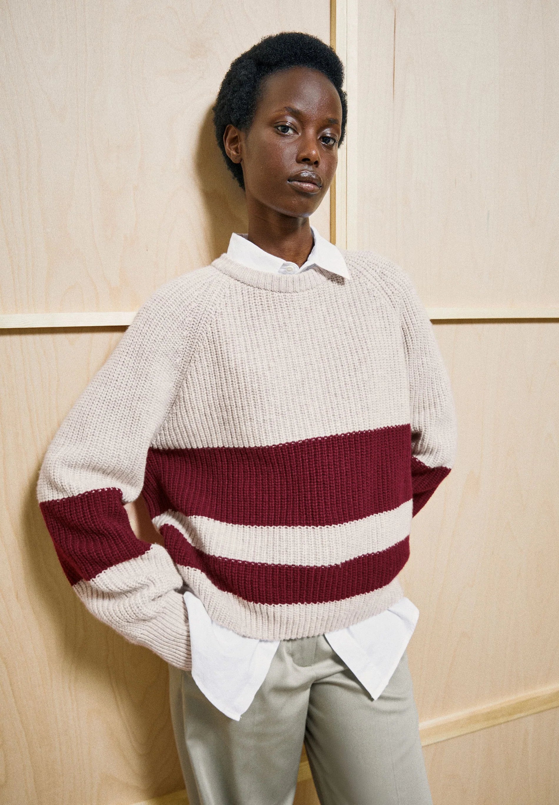 STRIPED RIB-KNIT PULLOVER Organic Wool Blend Honey Melange Velvet Red | ARMEDANGELS