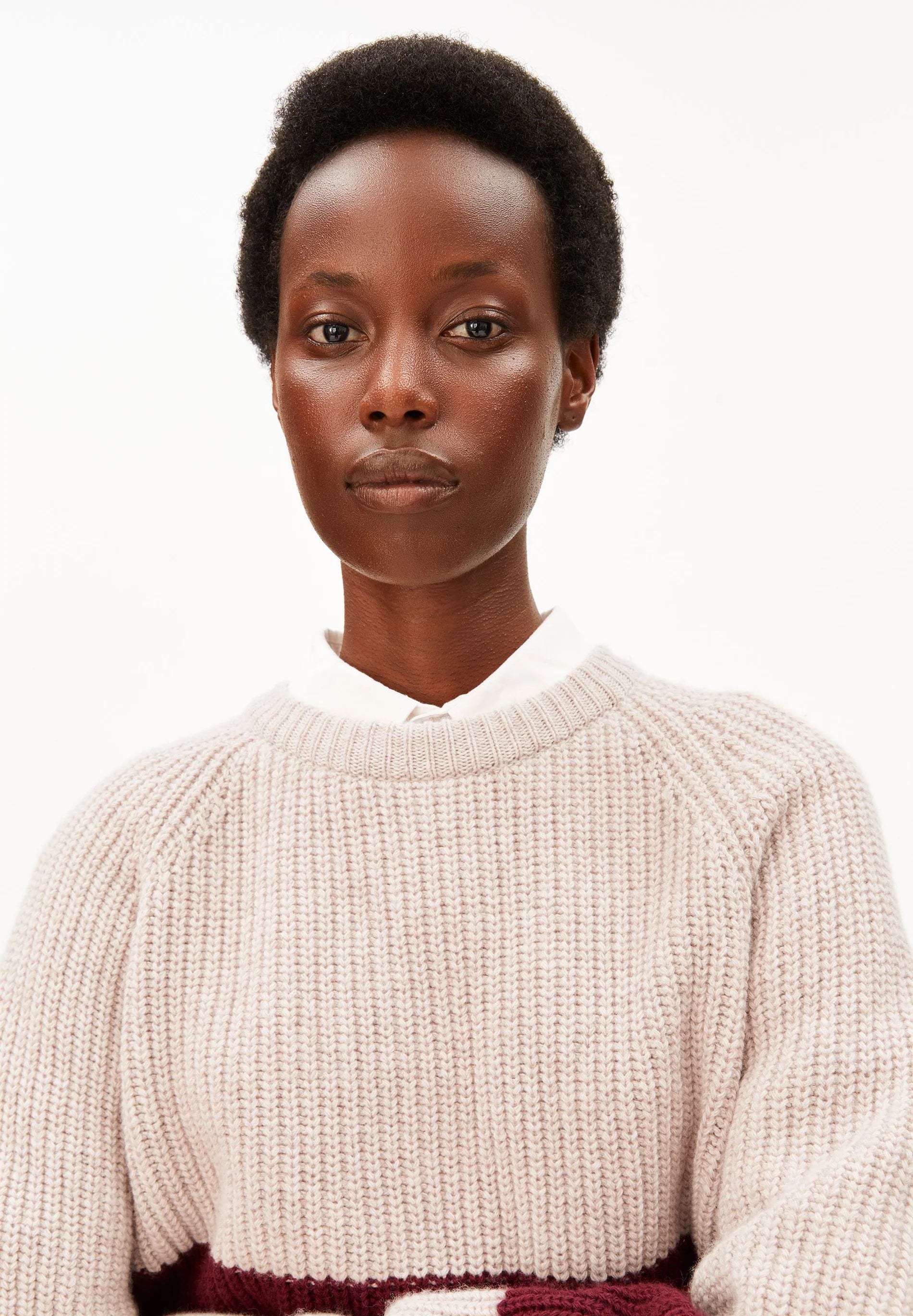 STRIPED RIB-KNIT PULLOVER Organic Wool Blend Honey Melange Velvet Red | ARMEDANGELS
