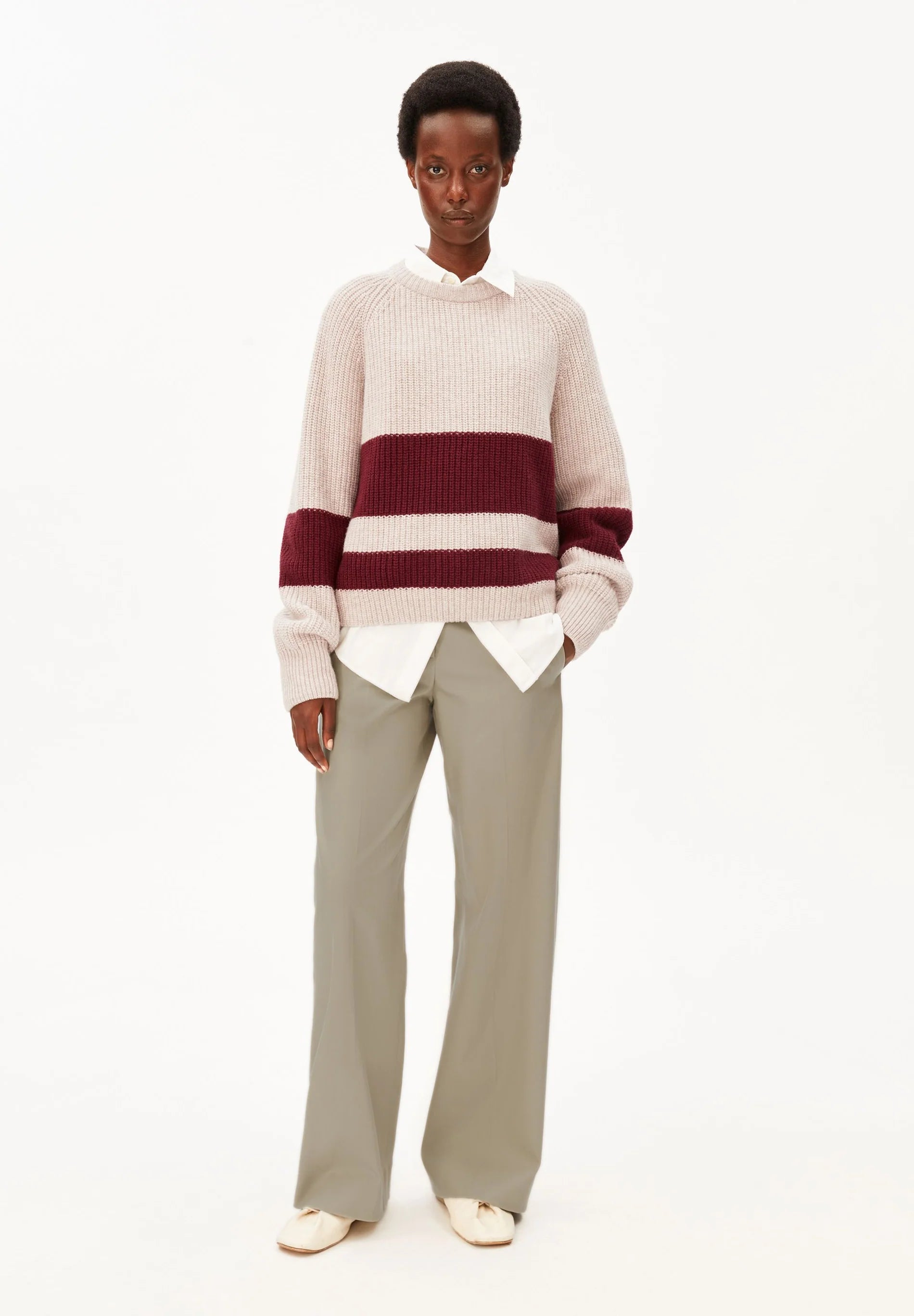 STRIPED RIB-KNIT PULLOVER Organic Wool Blend Honey Melange Velvet Red | ARMEDANGELS