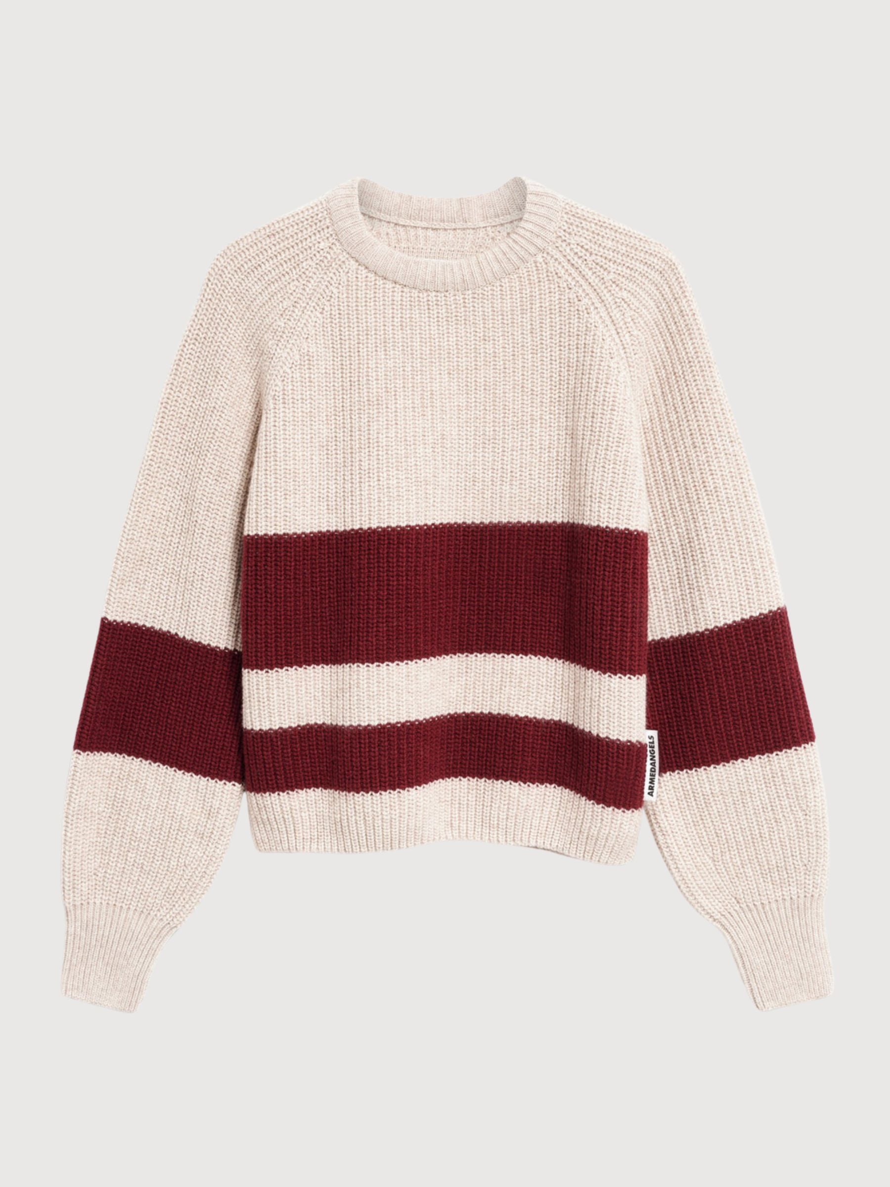 STRIPED RIB-KNIT PULLOVER Organic Wool Blend Honey Melange Velvet Red | ARMEDANGELS