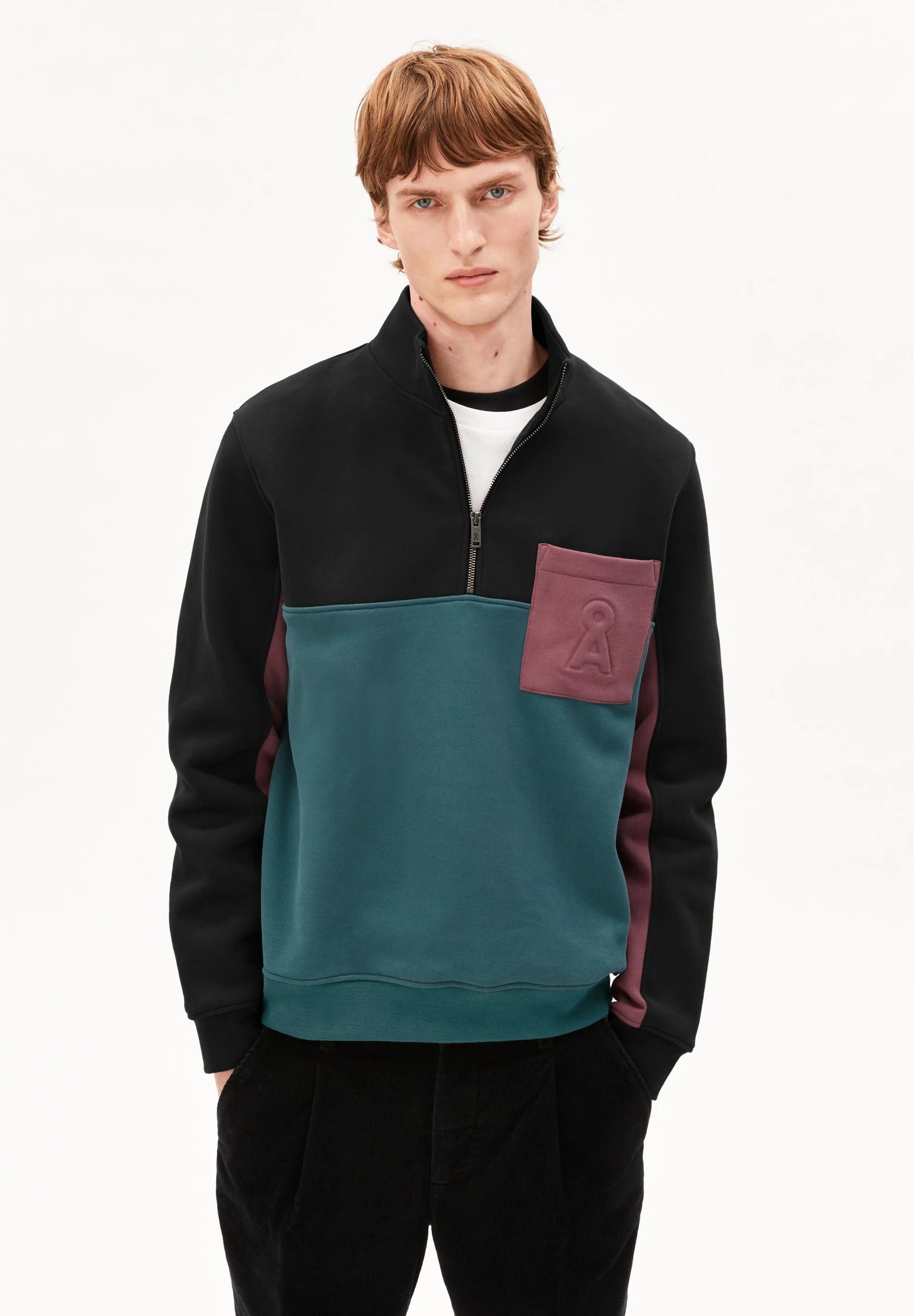 Waarlo Colorblock Troyer Black Petrol Velvet | ARMEDANGELS