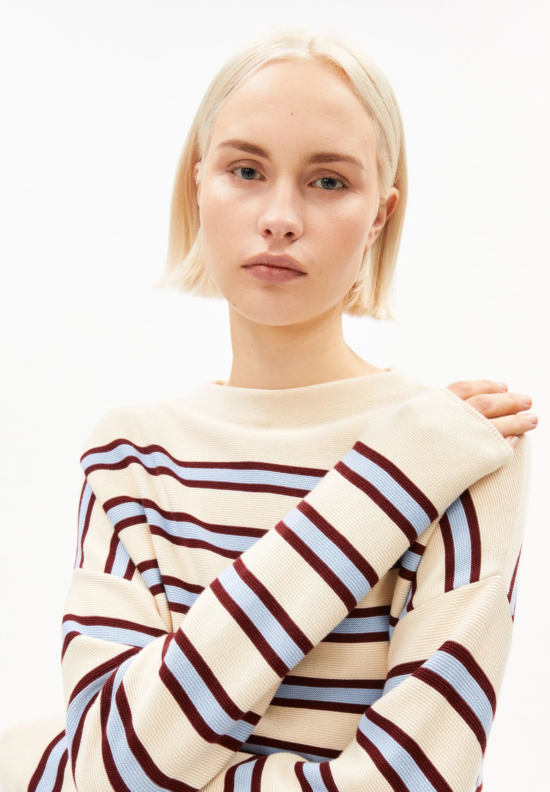 Merinaa Striped Knit Sweater Oatmilk Velvet-Red Soft-Blue | ARMEDANGELS