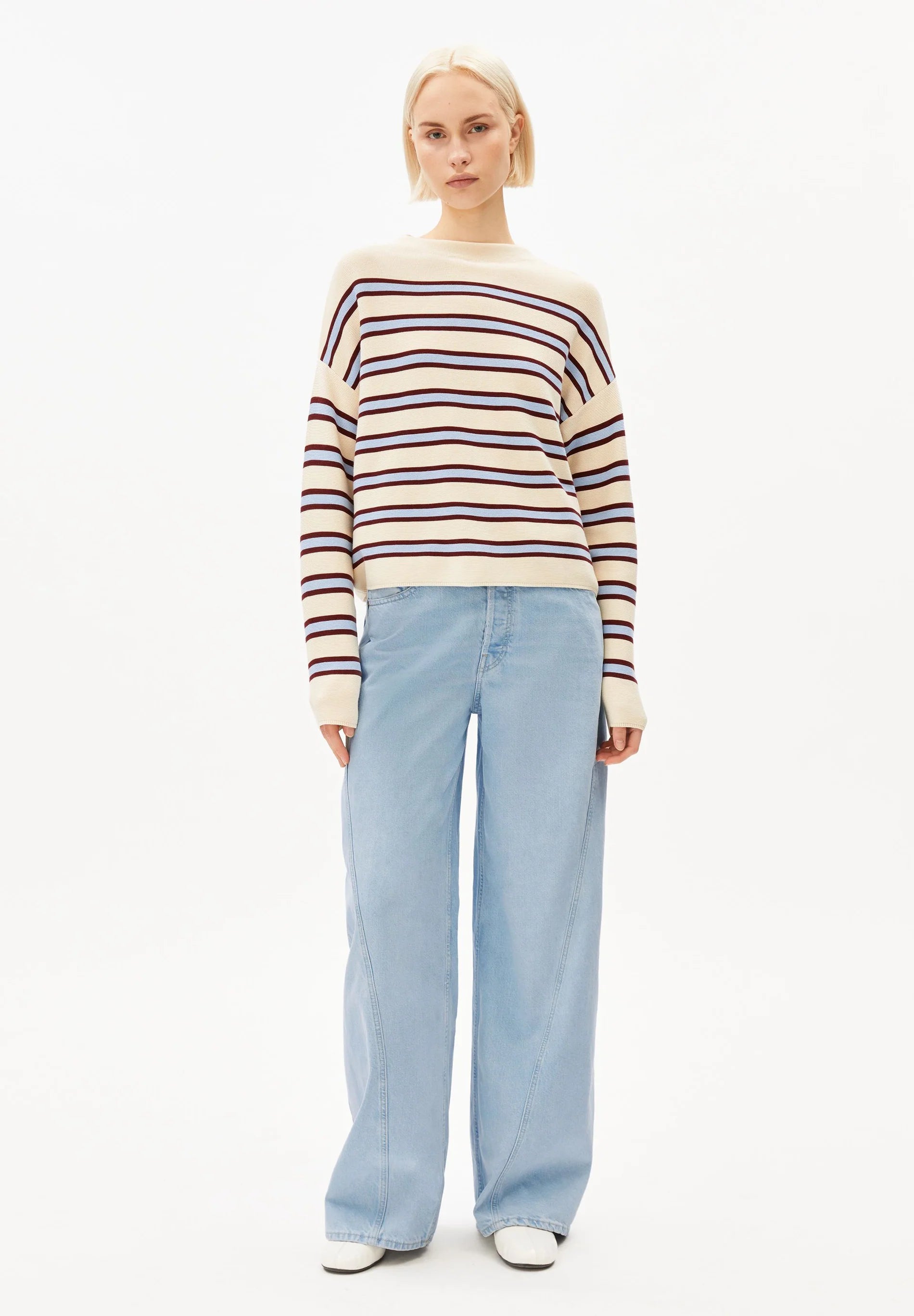 Merinaa Striped Knit Sweater Oatmilk Velvet-Red Soft-Blue | ARMEDANGELS
