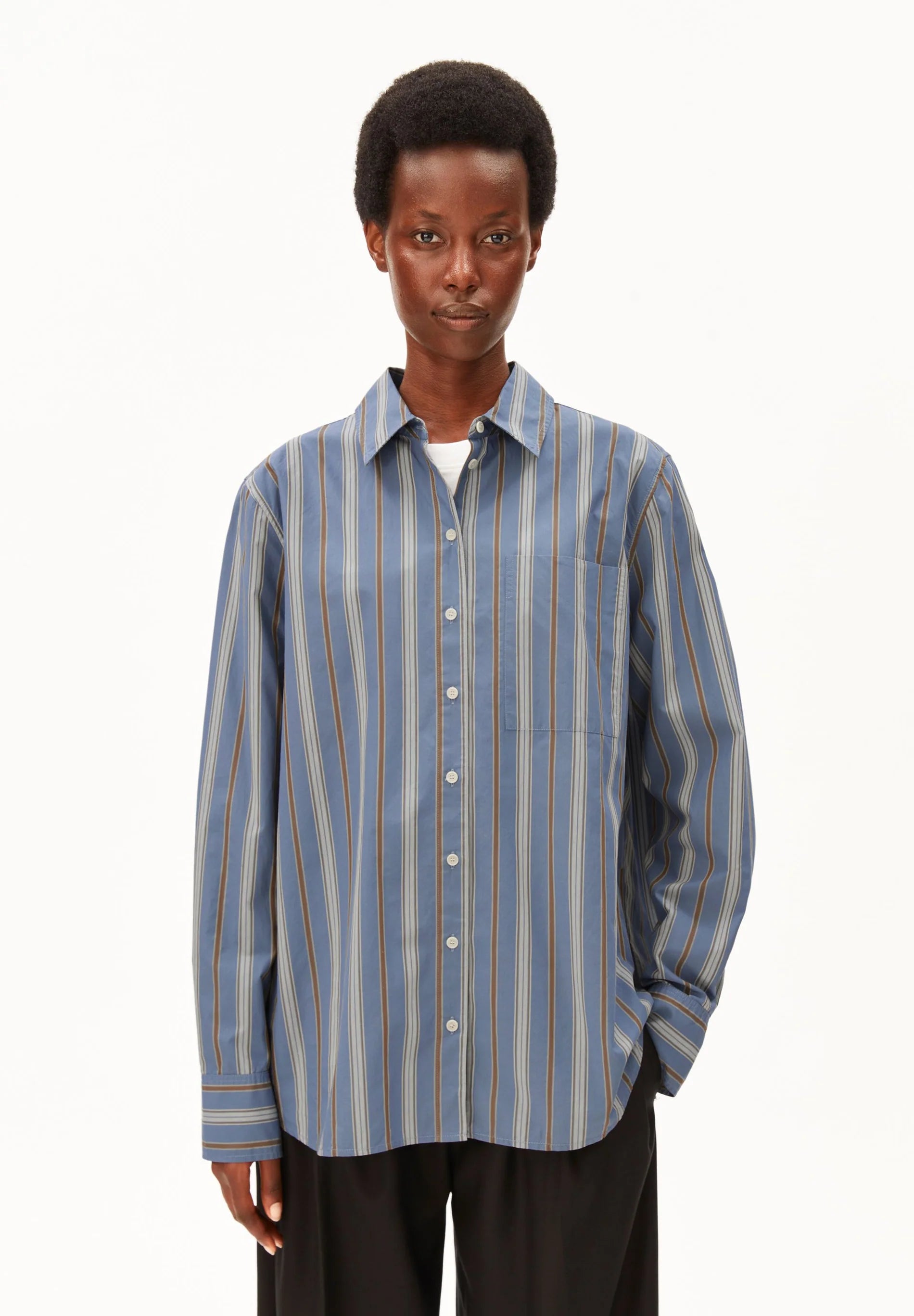ARMEDANGELS Stripe Wide Blouse Dusty Moon in Amberwood, featuring a relaxed fit with wide sleeves and a stylish striped pattern.