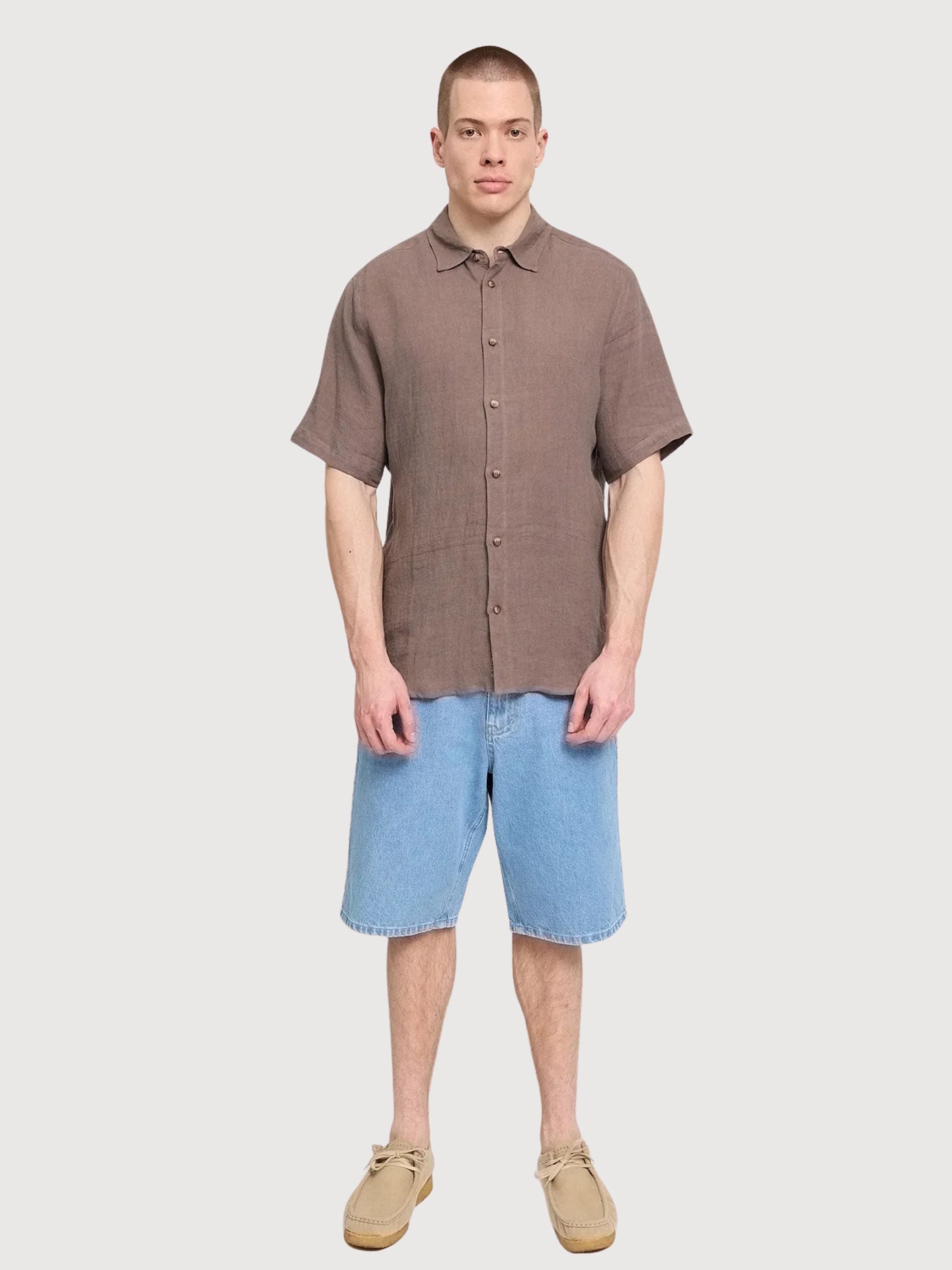 Camicia a maniche corte da uomo in lino grigio marrone | Mazine