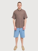 Camicia a maniche corte da uomo in lino grigio marrone | Mazine