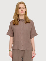 Shirt Short Sleeve Linen Woman Grey Brown | Mazine