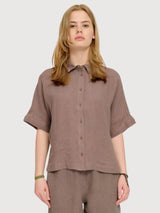 Shirt Short Sleeve Linen Woman Grey Brown | Mazine