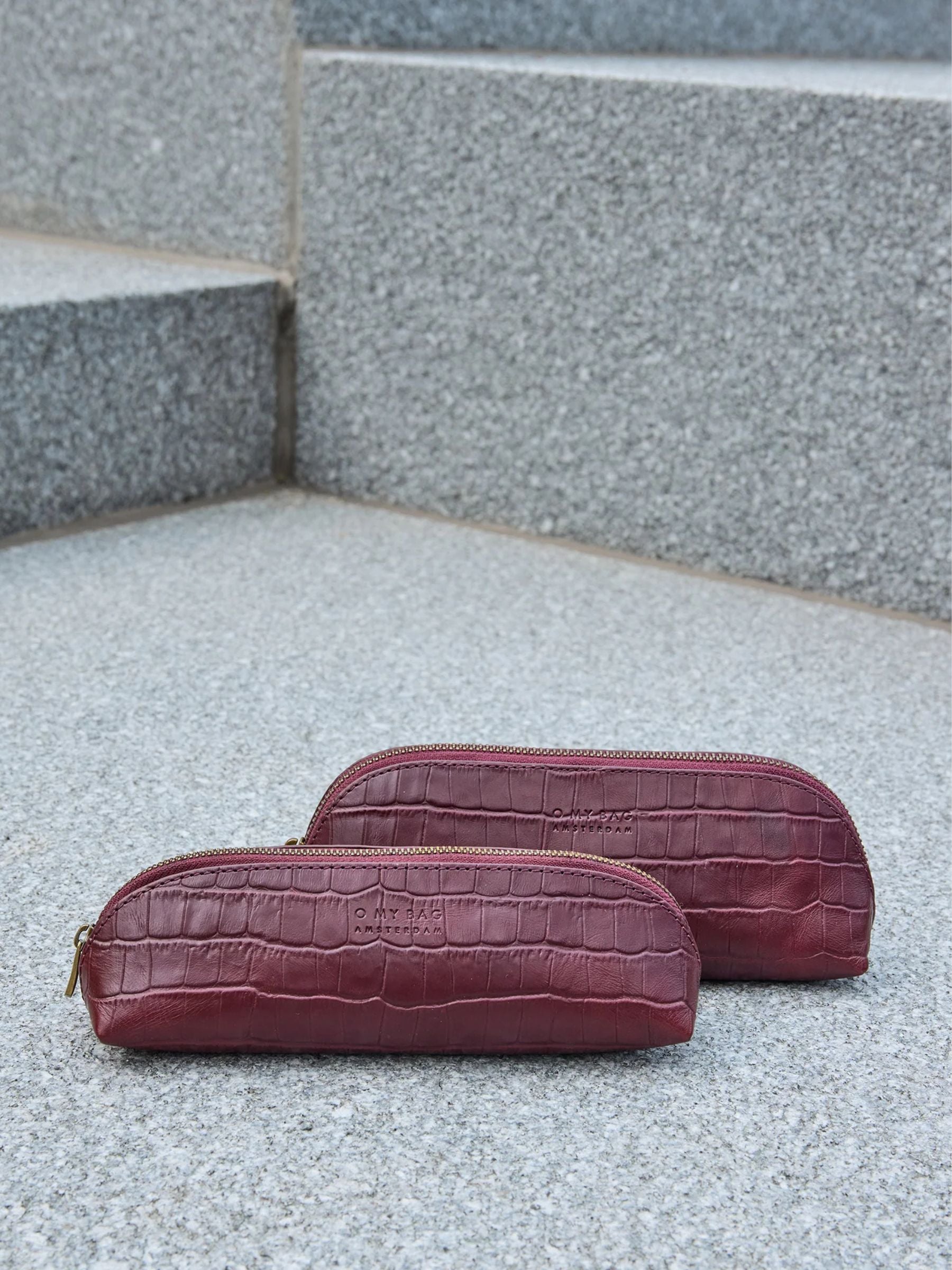 Pencil Case Small - Dark Cherry Croco Print Leather | O my bag