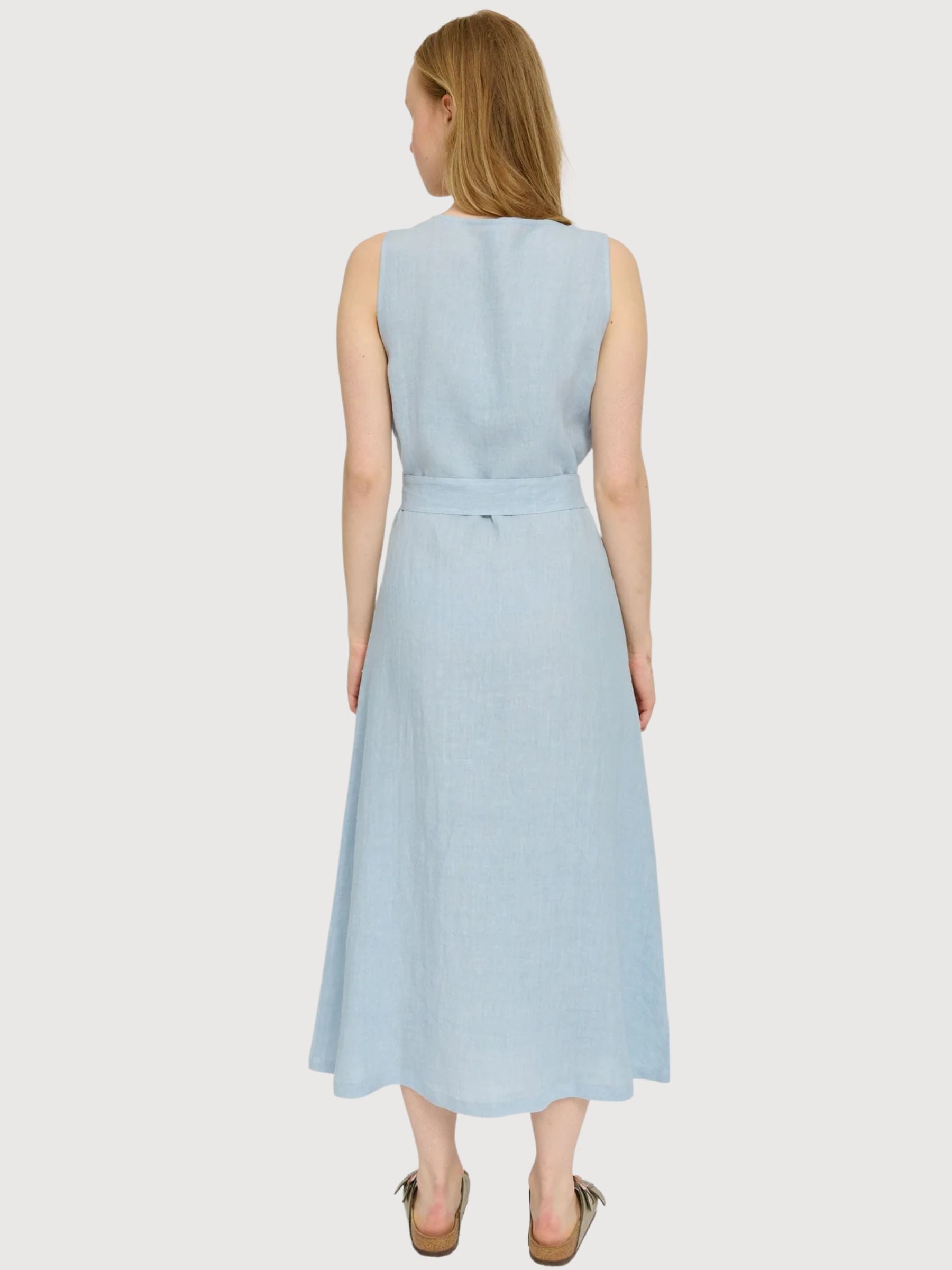 Vestito lungo senza maniche in lino azzurro pastello | Mazine