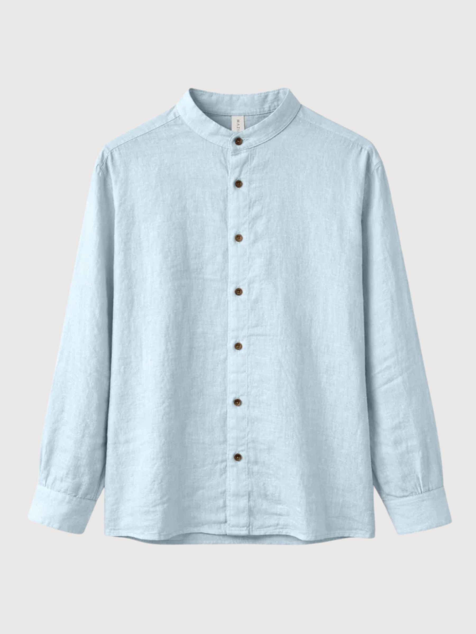 Camicia da uomo con colletto alto in lino blu pastello | Mazine