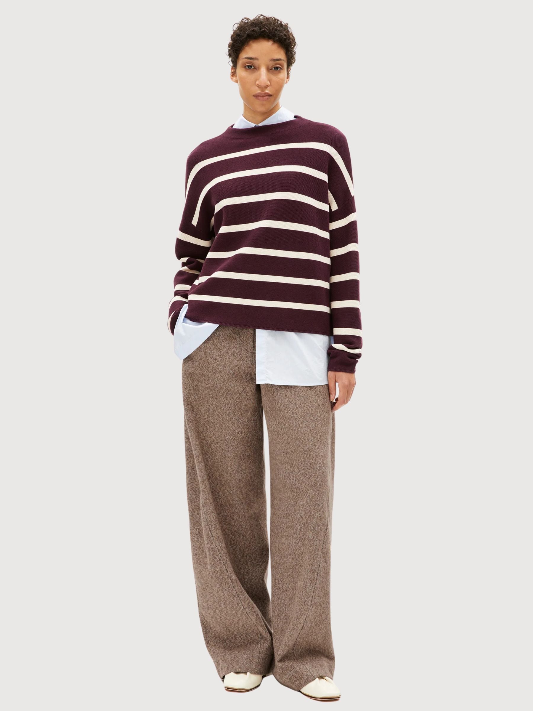 Pullover Merinaa Stripes Dark Cranberry–Oatmilk | Armedangels