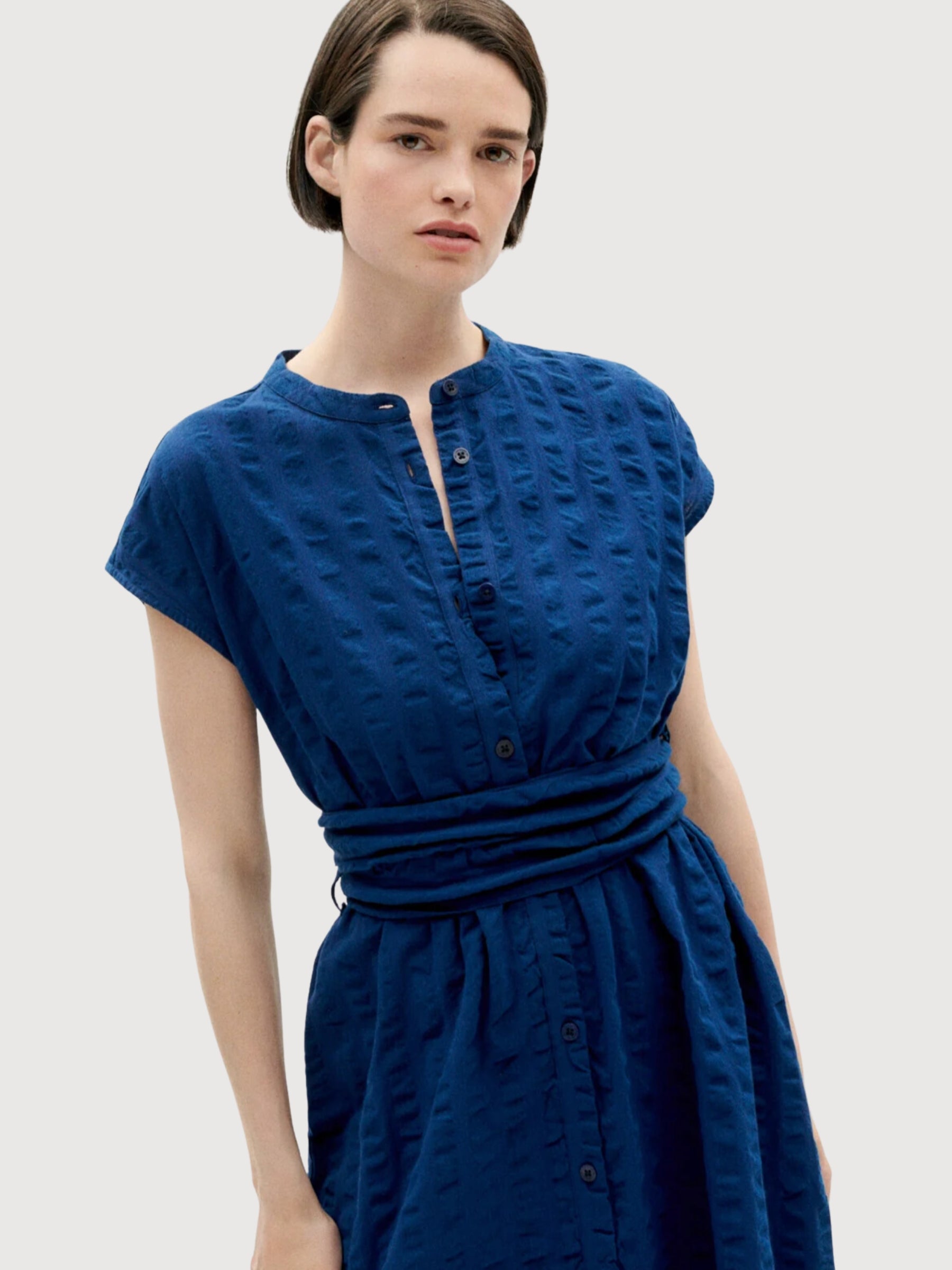 Dress Seersucker Gretel Navy Organic Cotton | Thinking Mu