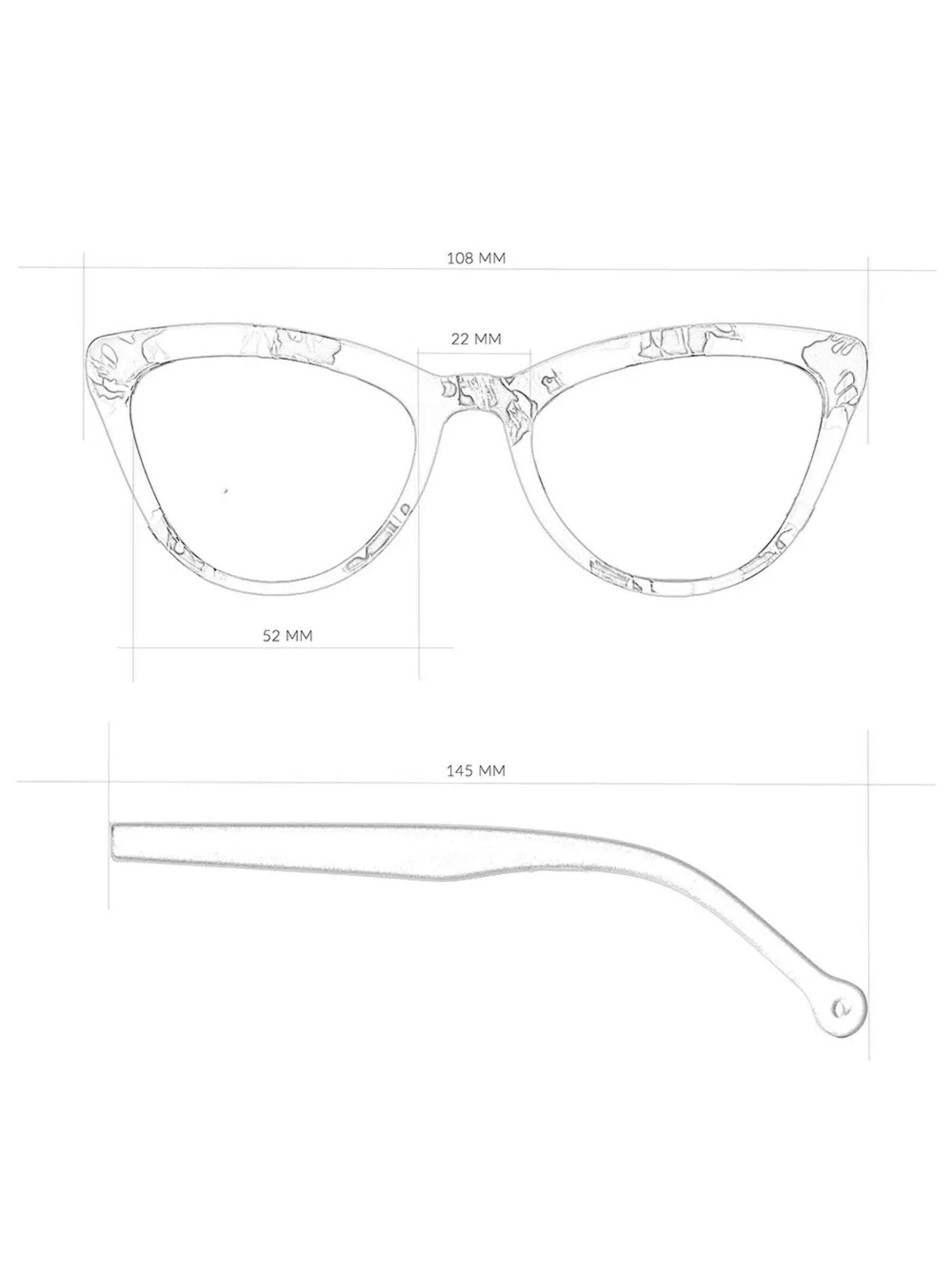 Dimensions of Colina Multicolor Unisex Sunglasses with stylish cat-eye design, showcasing glasses and arm measurements.