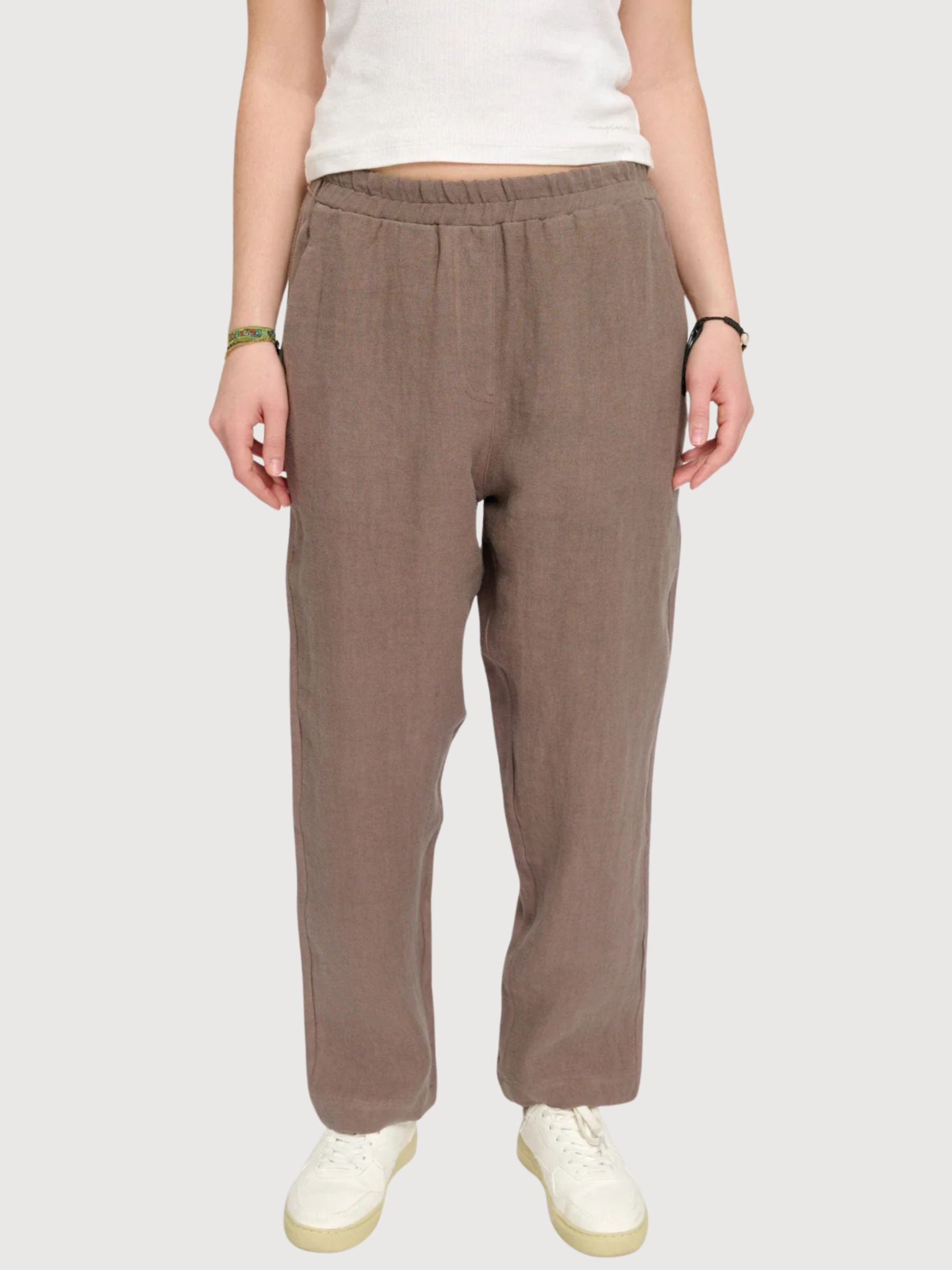 Pantaloni da donna a gamba dritta in lino, grigio-marrone | Mazine