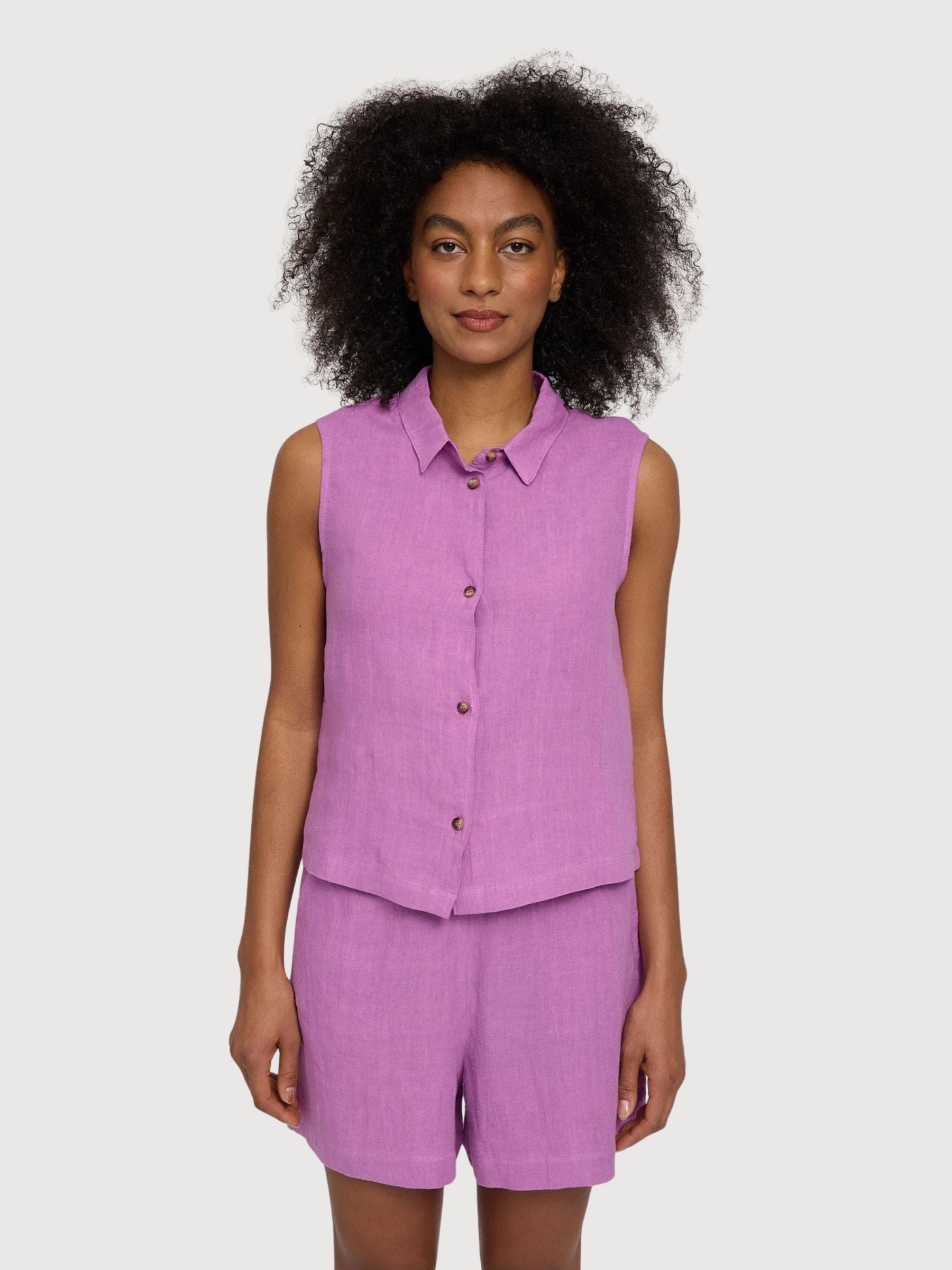 Camicia senza maniche da donna in lino, viola e rosa | Mazine