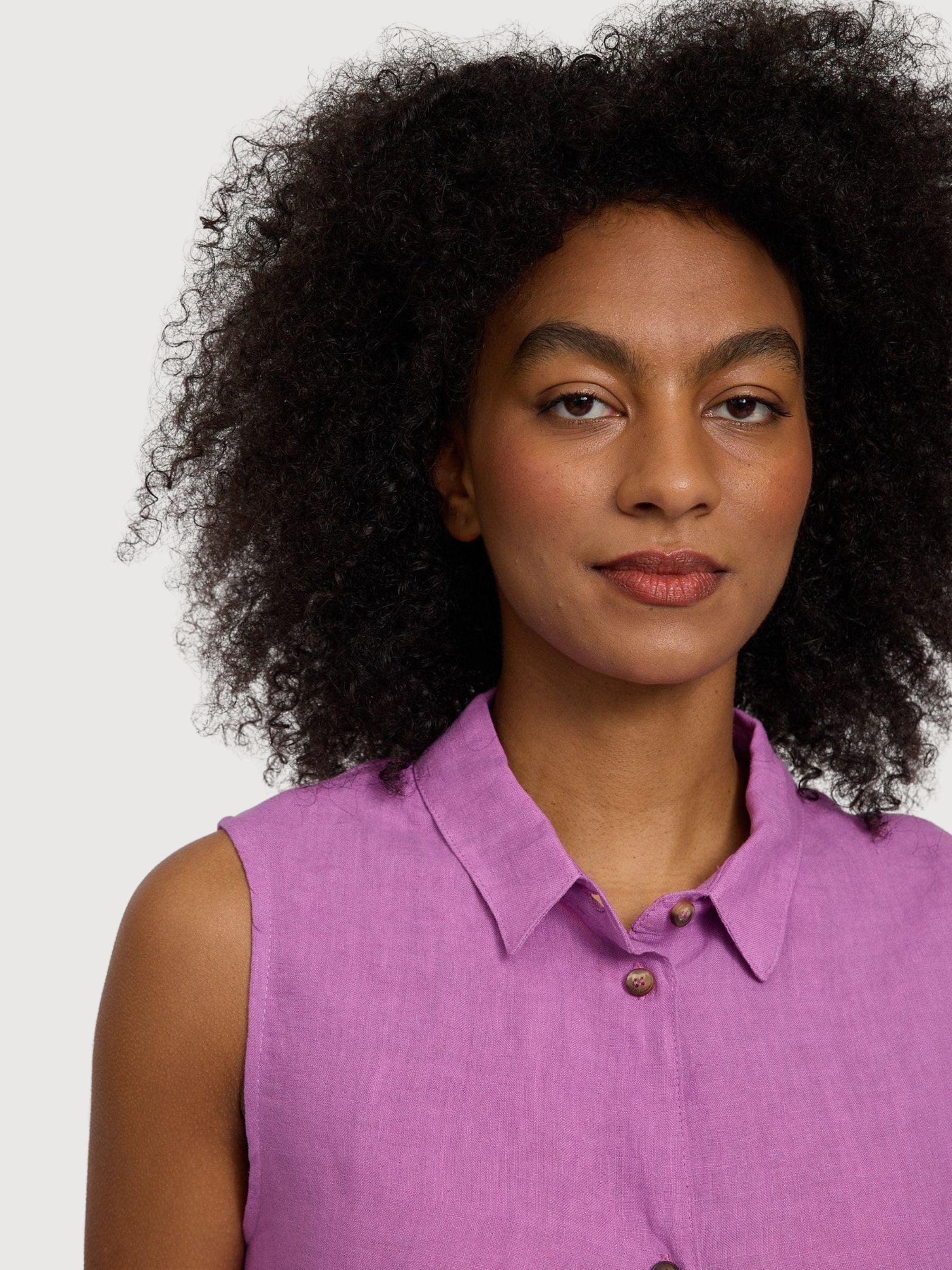 Camicia senza maniche da donna in lino, viola e rosa | Mazine