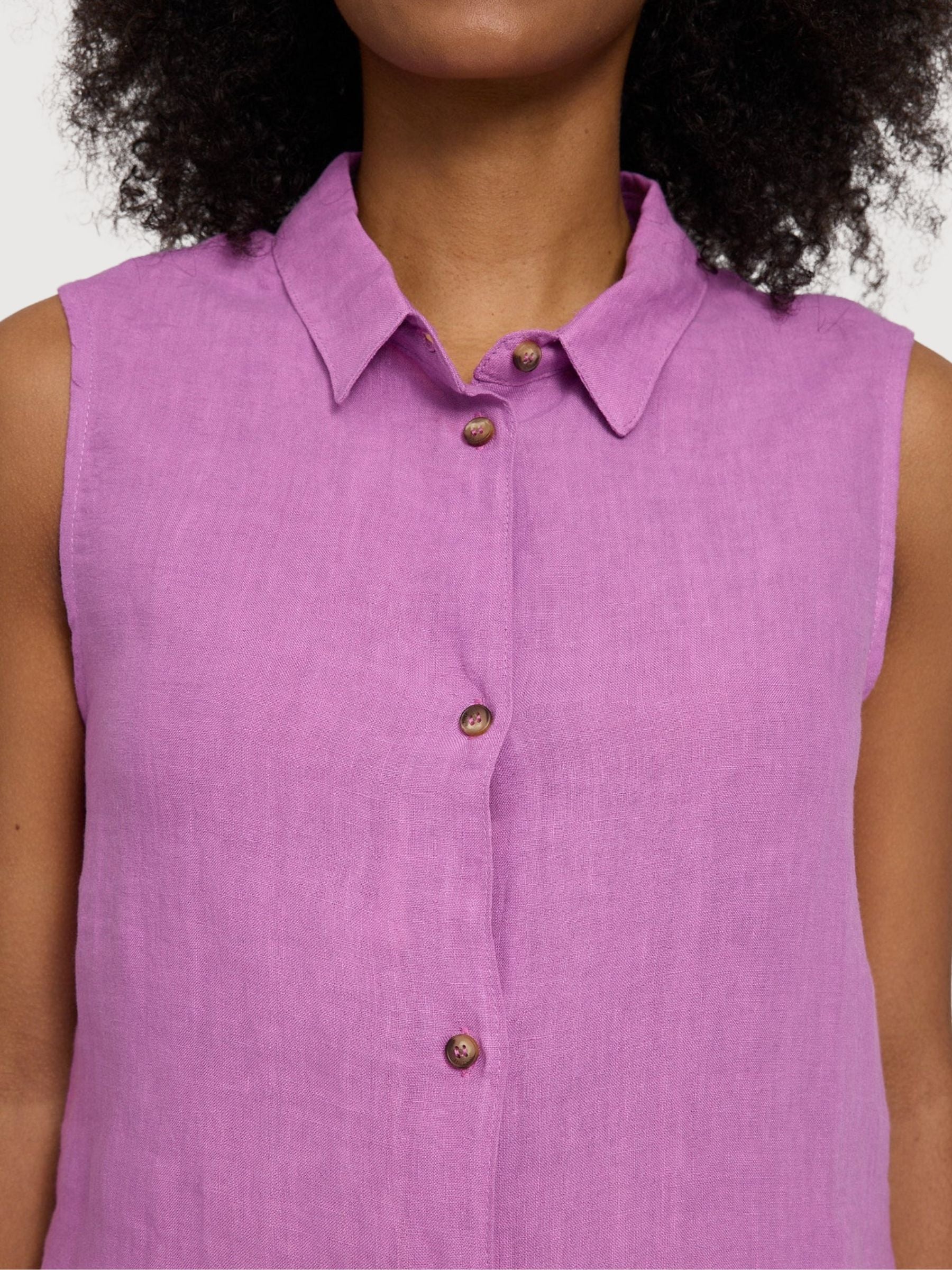 Camicia senza maniche da donna in lino, viola e rosa | Mazine