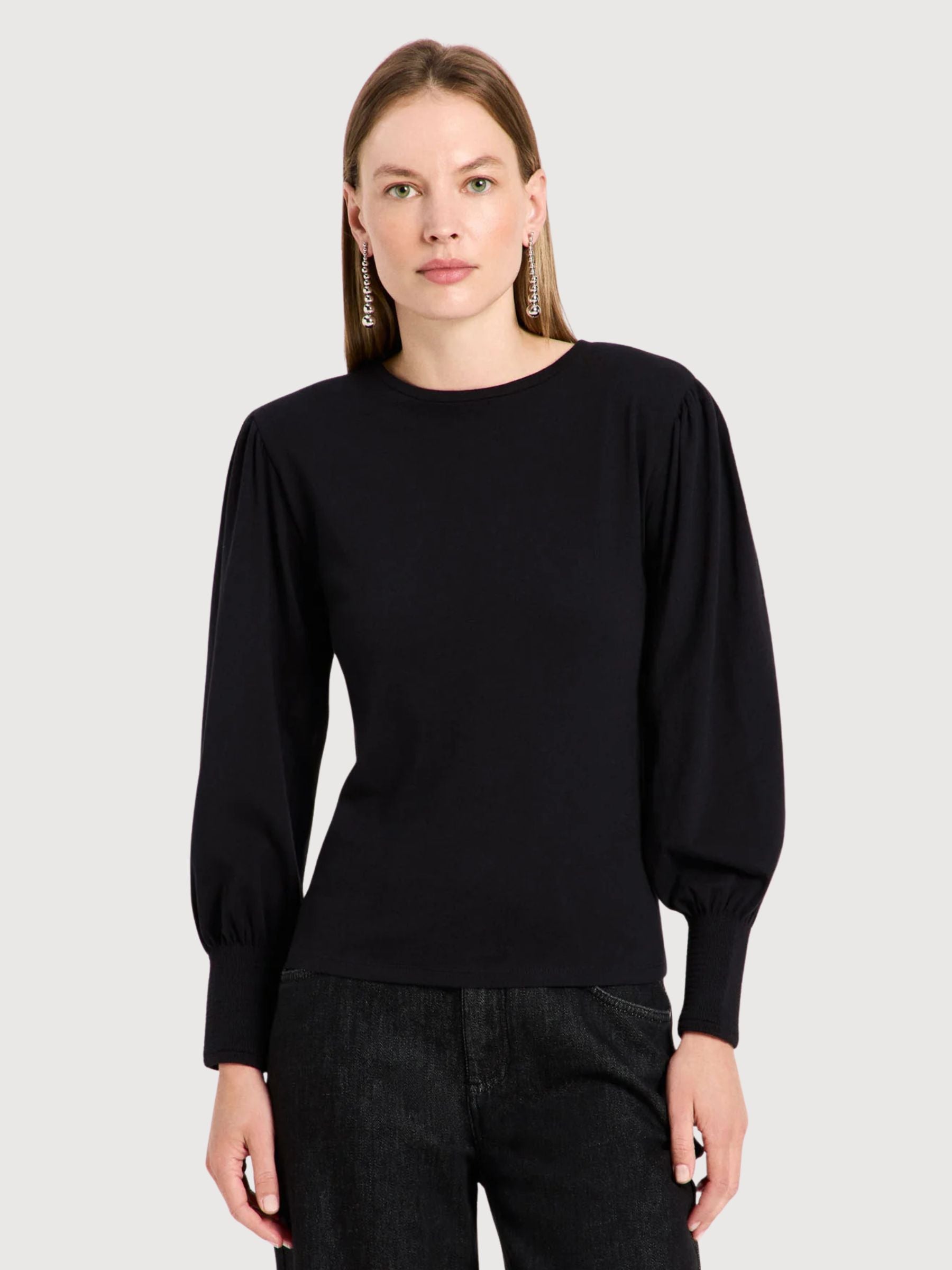 Ruched-Sleeve Long-Sleeve Top Black | Lanius