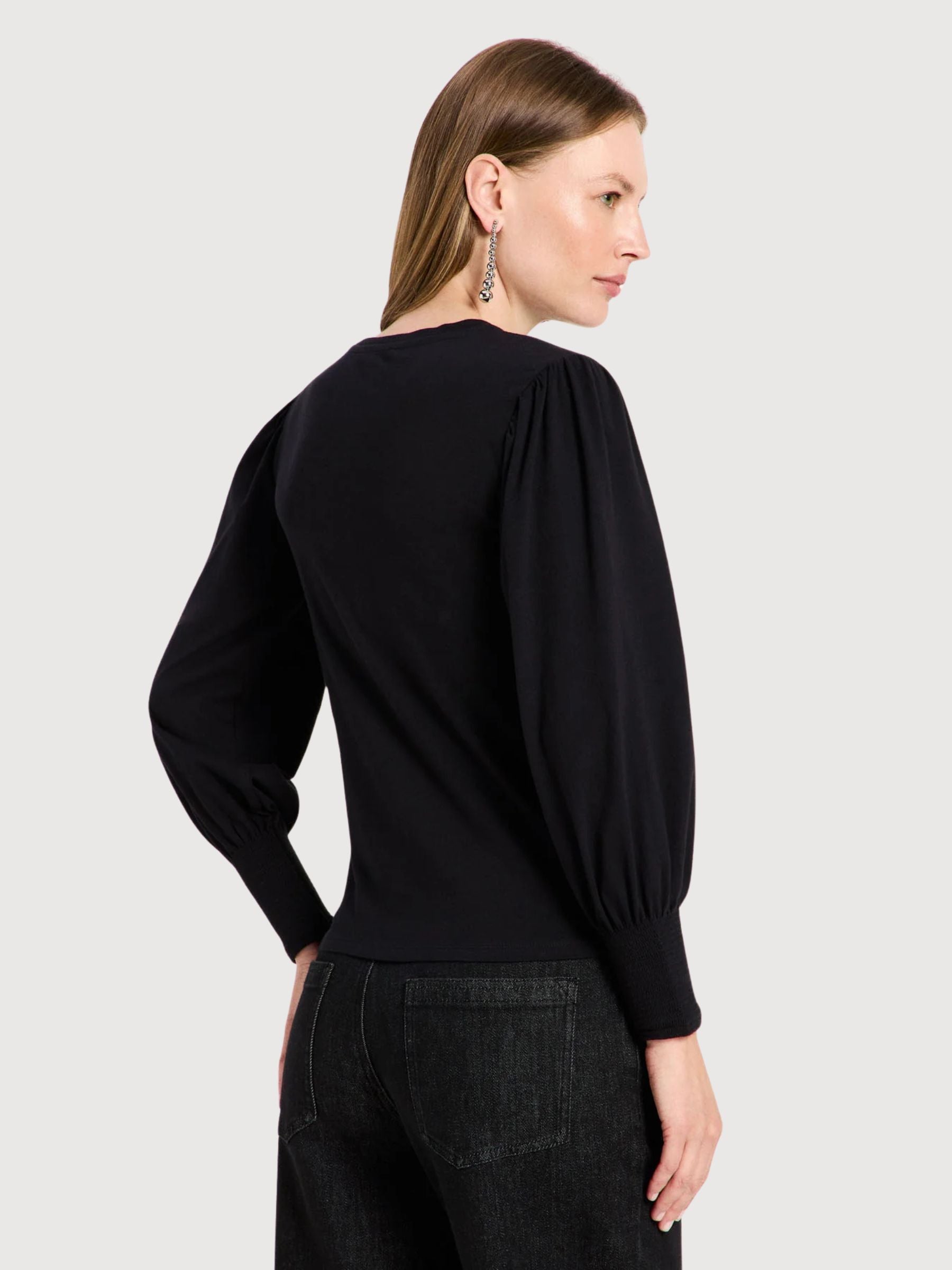Ruched-Sleeve Long-Sleeve Top Black | Lanius