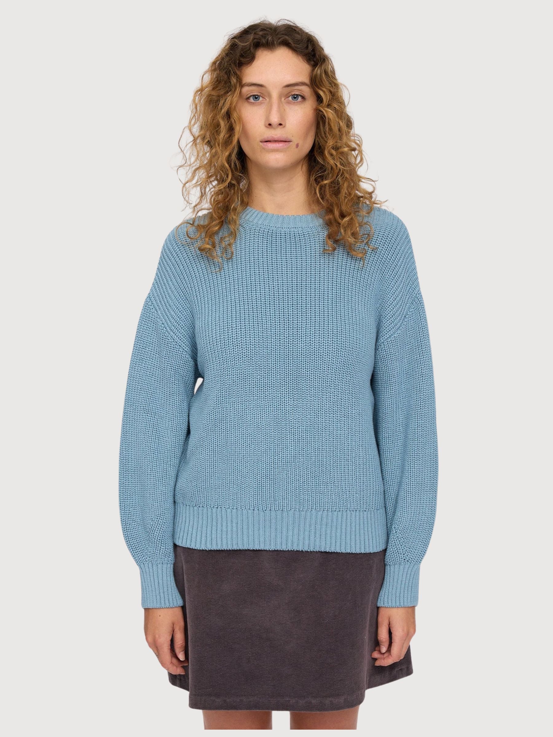 Pullover in maglia grossa blu da donna in cotone | Mazine