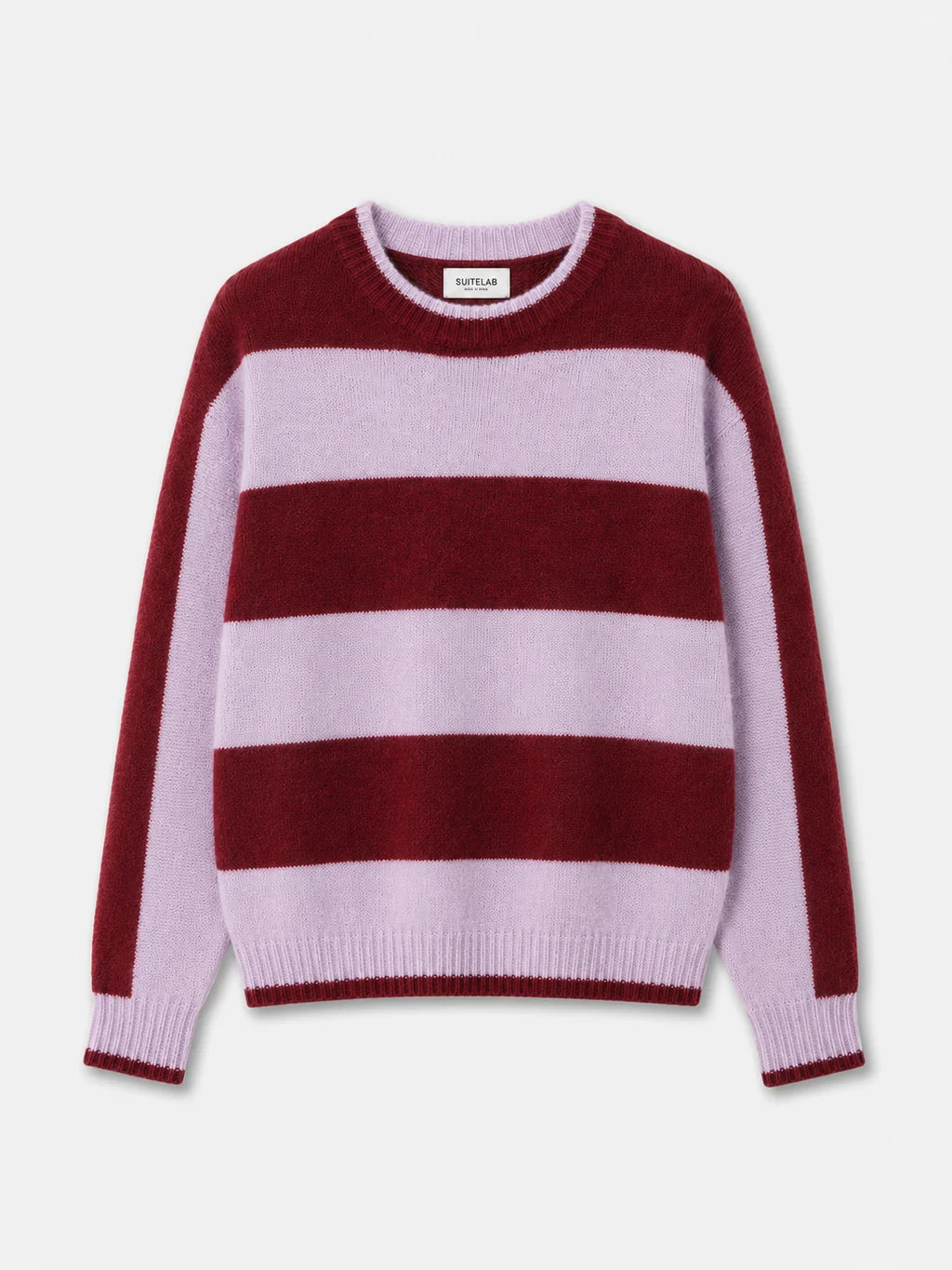 Babol Jumper Stripes Brick sweater by SUITE13LAB featuring a striped pattern and cozy knit fabric, displayed on a hanger.