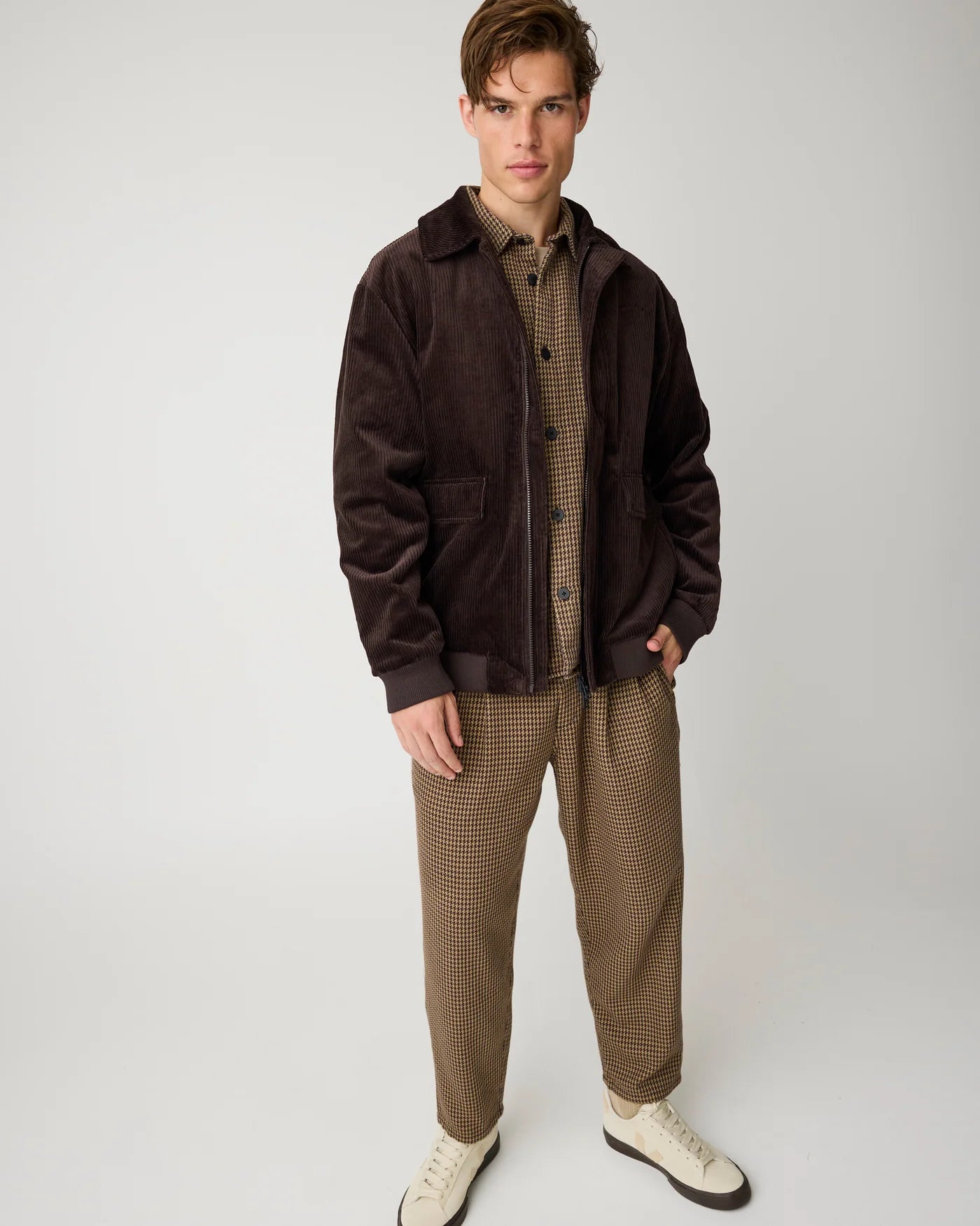 Loose houndtooth overshirt Dark Brown check | Knowledge Cotton Apparel