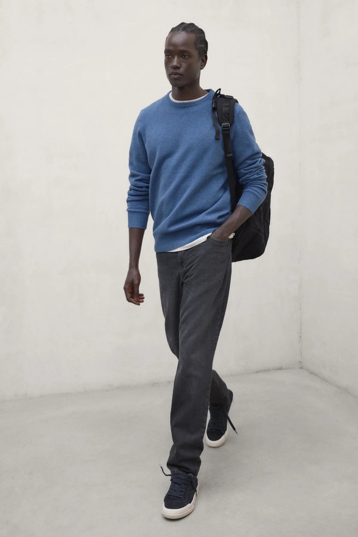 Men's ECOALF Laguna Merino Sweater in cobalt, showing the cozy knit fabric and classic crewneck design.