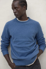 ECOALF Laguna men's merino sweater in cobalt, featuring a cozy knit design and ribbed cuffs, displayed on a hanger.