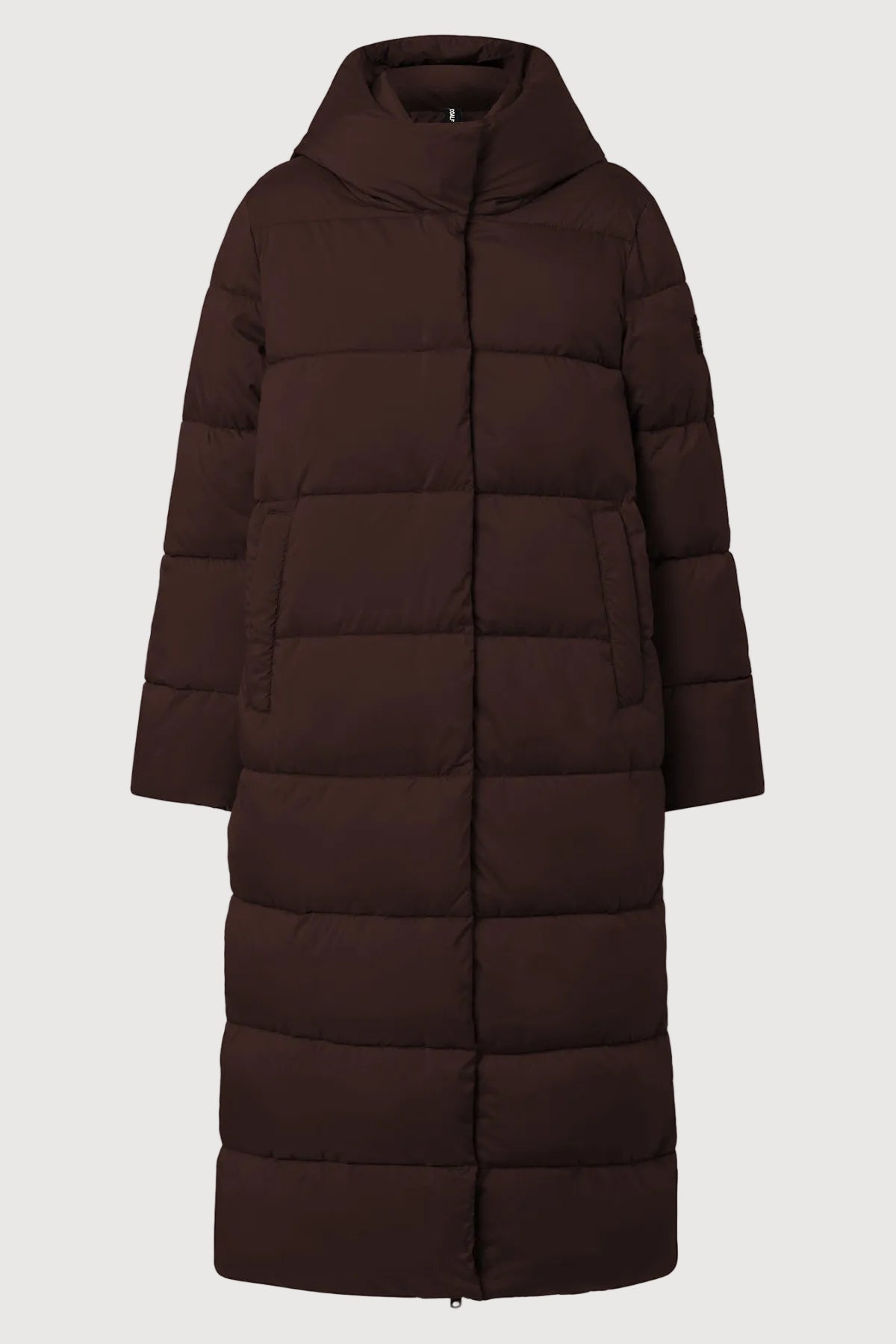 A long, dark brown puffer coat with horizontal quilting, a high collar, and front pockets, shown against a light gray background.