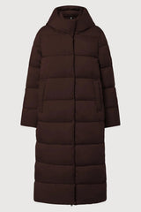 A long, dark brown puffer coat with horizontal quilting, a high collar, and front pockets, shown against a light gray background.