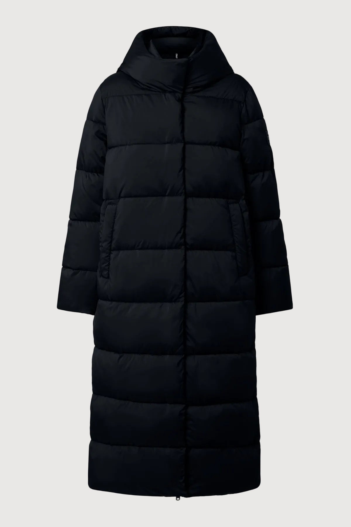 A long black puffer coat with a high collar and horizontal quilted stitching, shown against a light gray background.