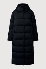 A long black puffer coat with a high collar and horizontal quilted stitching, shown against a light gray background.