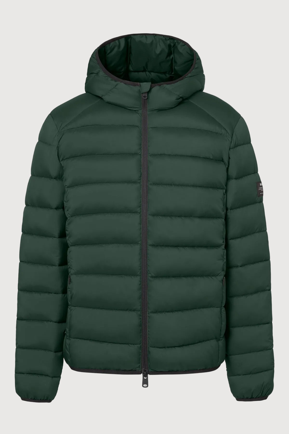 A dark green hooded puffer jacket with horizontal quilting, a full-length front zipper, and a small dark logo patch on the left sleeve, shown against a light gray background.