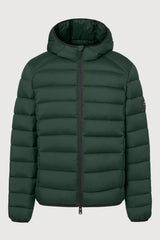 A dark green hooded puffer jacket with horizontal quilting, a full-length front zipper, and a small dark logo patch on the left sleeve, shown against a light gray background.
