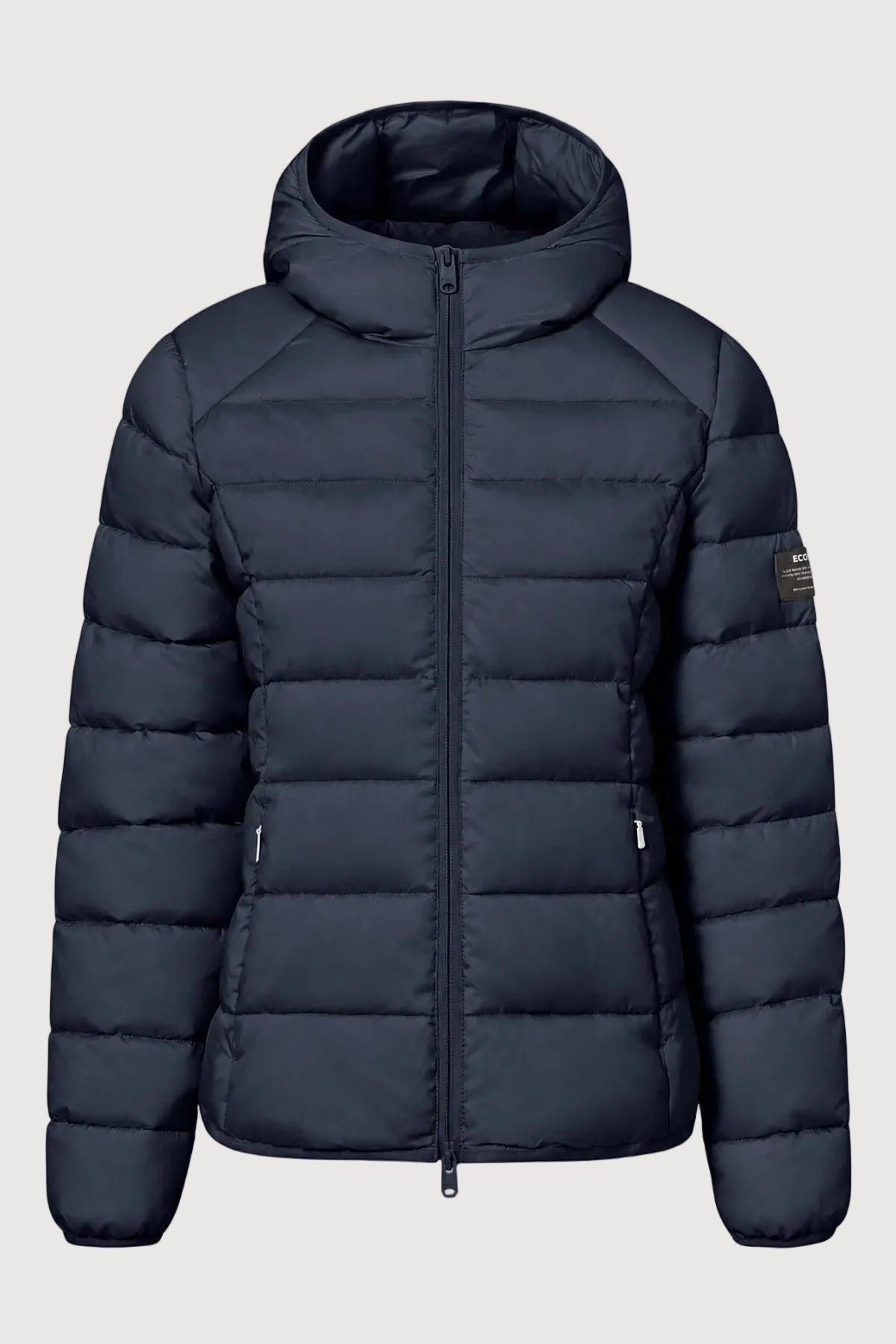 A dark navy blue hooded puffer jacket with horizontal quilting, a front zipper, and zippered hand pockets, shown against a light gray background.
