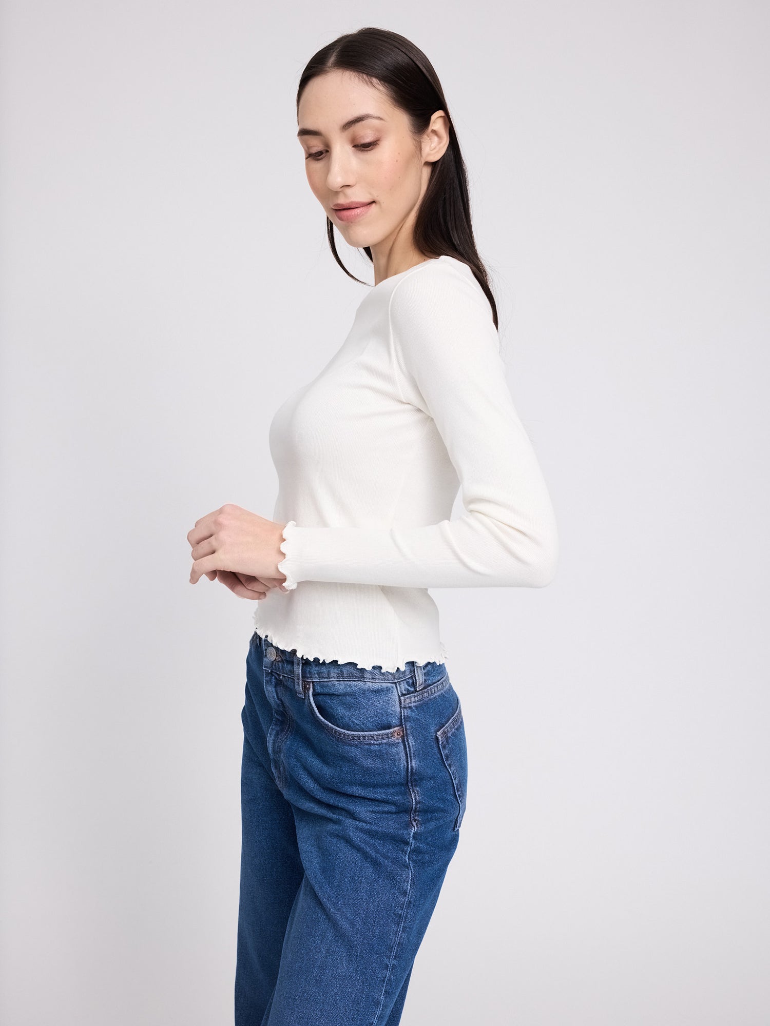 Langarmshirt mit Babylock-Säumen Weiß aus Baumwolle | MAZINE